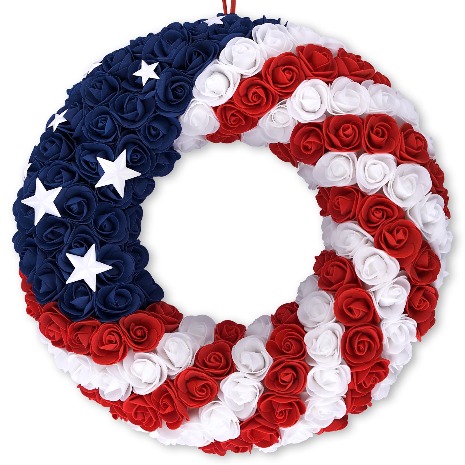 View 1 of 18Inch 4th of July Patriotic Roses Wreath, DILIBRA Red Blue White Foam Flower Wreath for Front Door, Artificial Memorial Day American Flag Wreath Garland Decoration for Indoor and Outdoor
