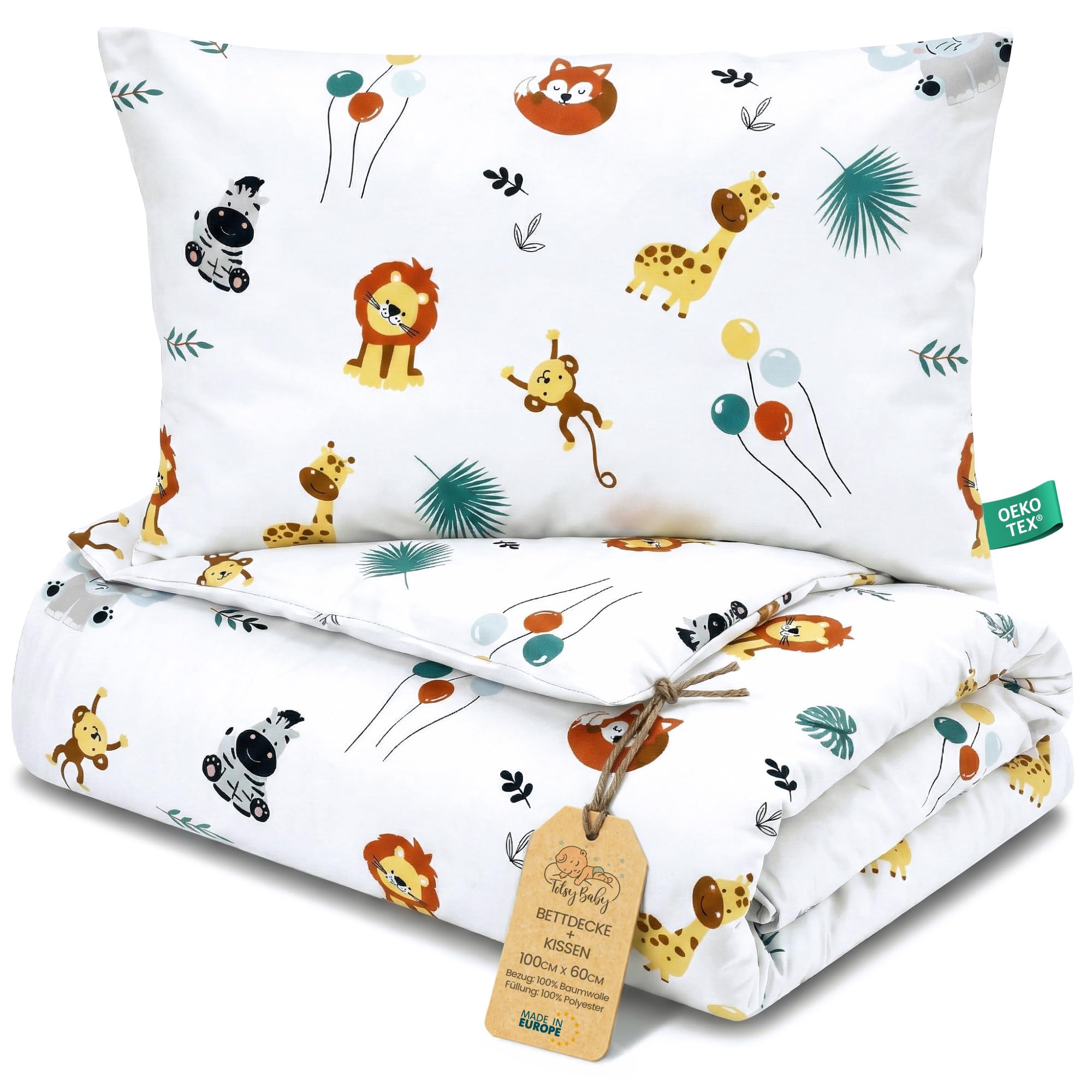 Totsy Baby Duvet Filling Children's Bed Cotton – 60 x 100 cm – Baby Filled Blanket Set 60 x 100 cm with Pillow 60 x 40 cm for Boys and Girls Oeko-Tex Safari