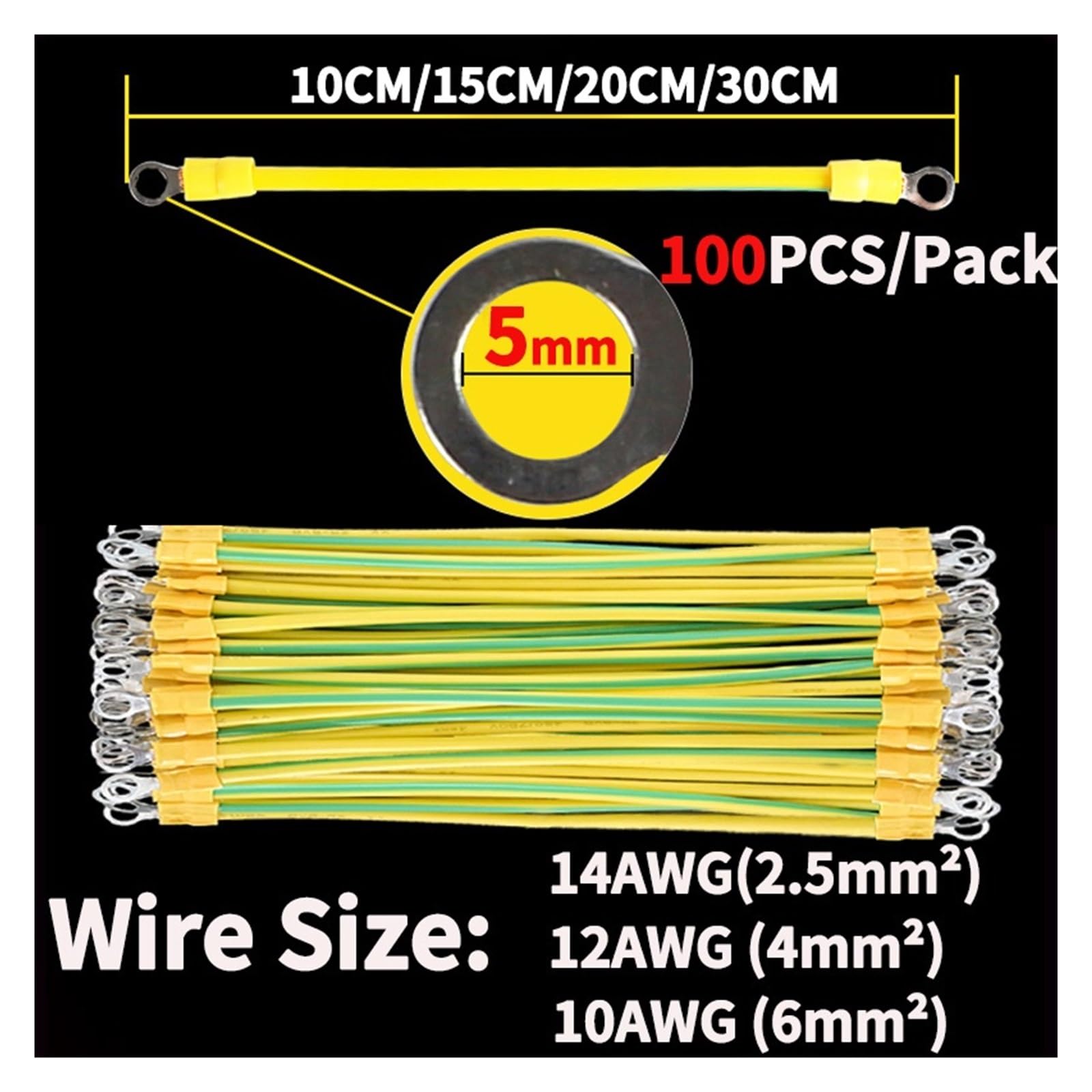 BVR Solarny fotowoltaiczny przewód uziemiający 100 szt. Kabel do panelu fotowoltaicznego 10/12/14 AWG Czerwony Miedź Żółty Zielony Uziemienie z zaciskiem O-ring)(Hole Size 5mm,15CM12AWG(4MM2))