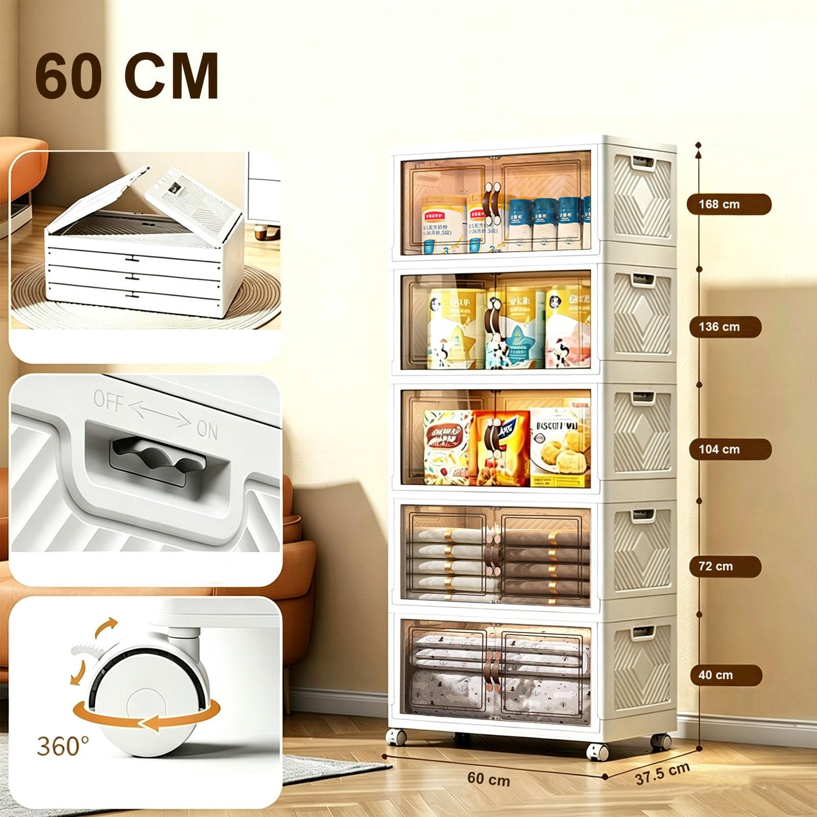 MECOLOR Armoires de rangement en plastique avec roulettes, 5 x 63 L, bacs empilables avec couvercles, boîte pliable avec portes, organiseur pliable pour dortoir