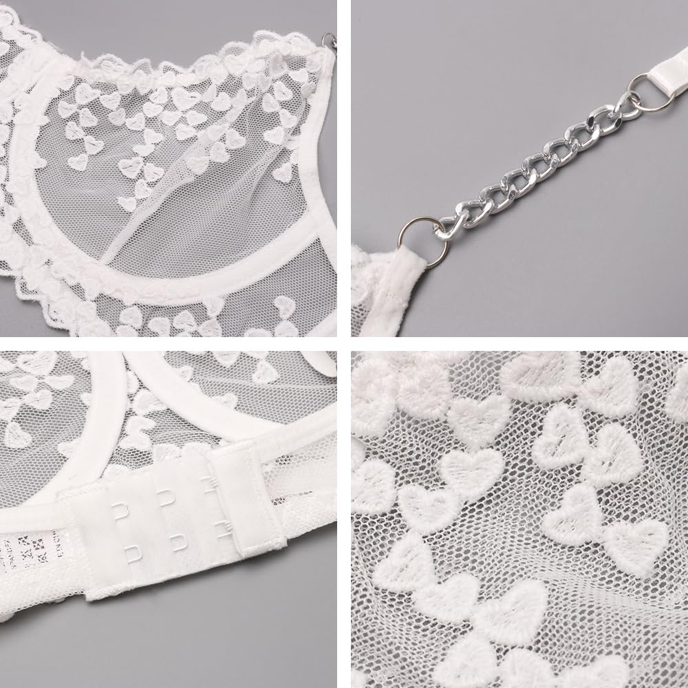 WBDWWTD Conjuntos de lencería sexy de 3 piezas para mujer, sujetador push up con aros de encaje y minifalda de malla transparente con tanga, babydoll travieso bordado con corazón, ropa interior de San