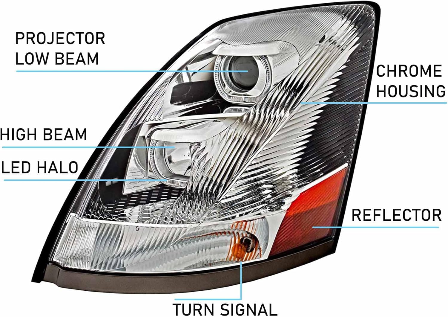 Chrome Projector Headlights Assembly For Volvo VN/VNL Series (DRIVER LEFT SIDE) High/Low Beam Bulb Included Replacement Headlamp