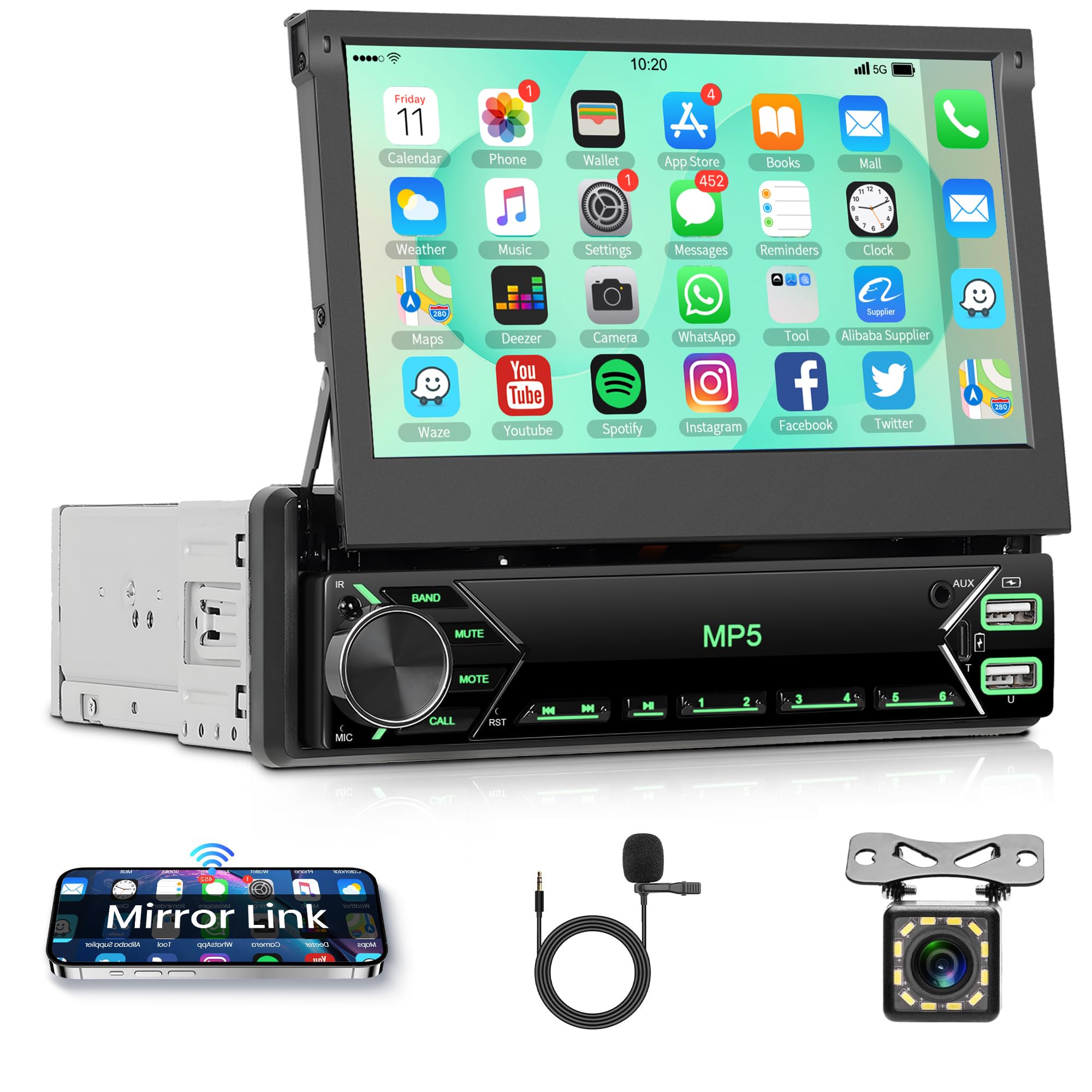 Rimoody Car Stereo Single Din Flip Out Car Radio Touchscreen, 7 Inch 1 DIN with Bluetooth FM Radio Mirror Link for Android/iOS Phone Support TF/USB + Rear View Camera