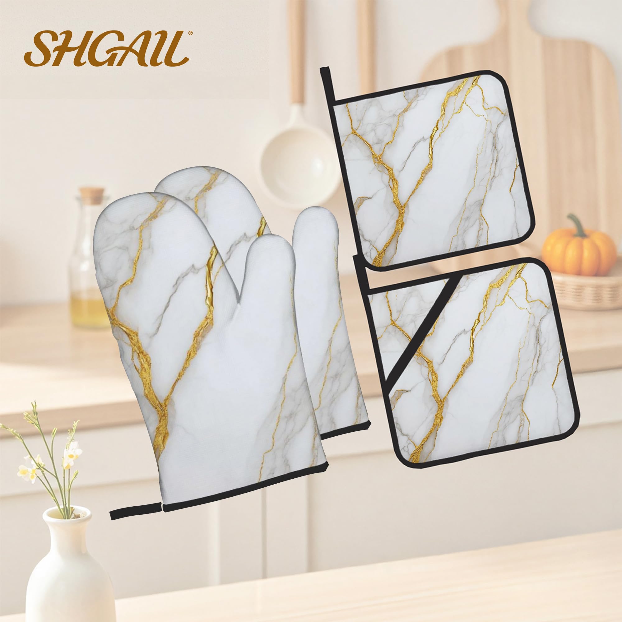 Ofenhandschuhe und Topflappen, Weißgold, Marmor, Küchenhandschuhe, Topflappen, 4er-Set, hitzebeständiger Griff für Koch, Kochen, Backen, Grillen, Grillen