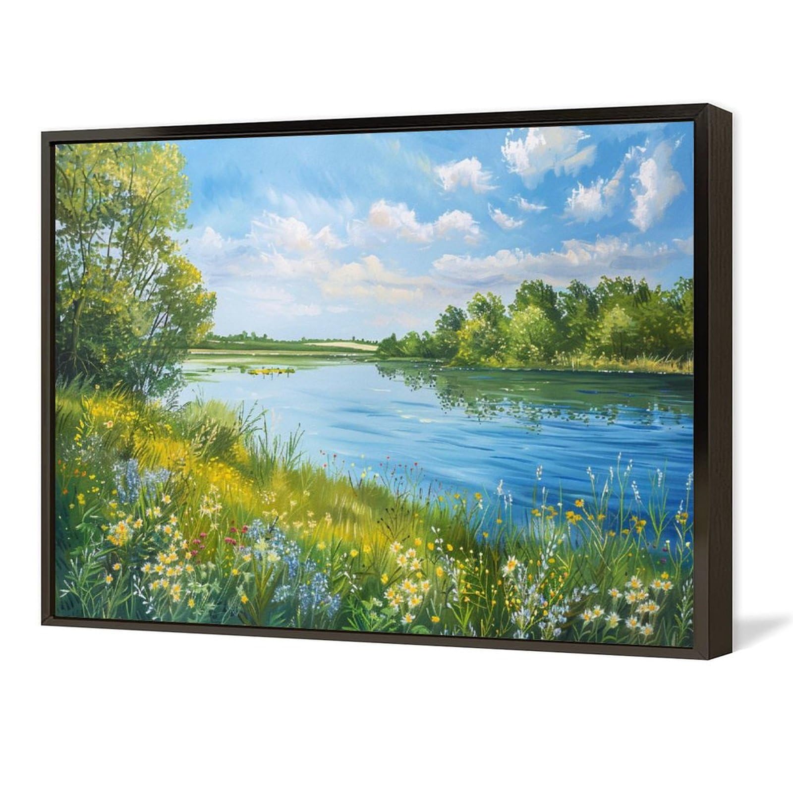 Amazon.co.jp: 絵画 春の川の隣の芝生と花 アートパネル ポスター