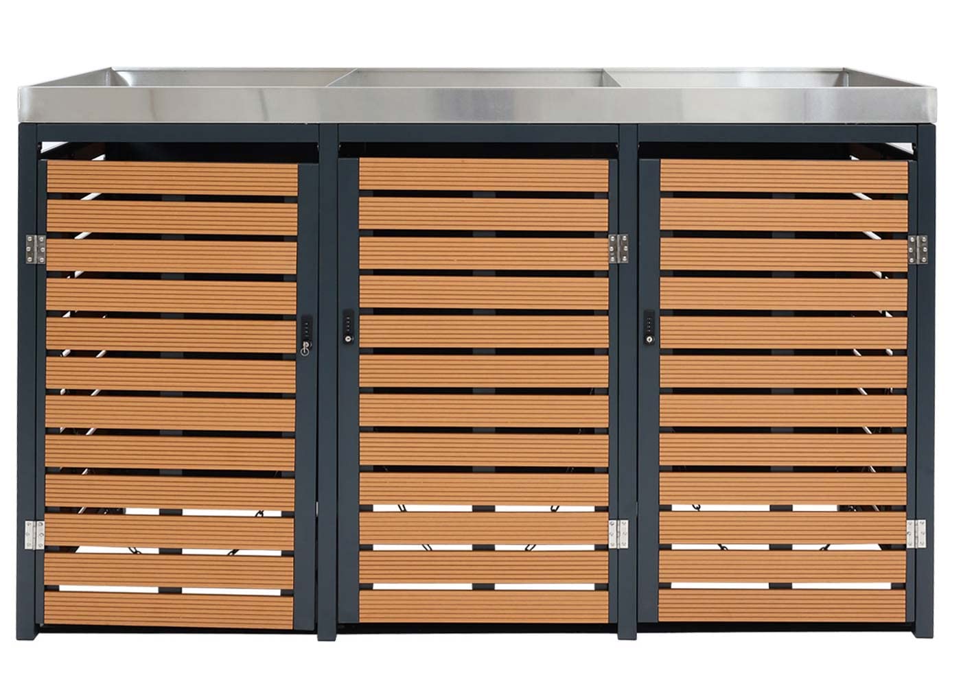 3x copribidoni box spazzatura rifiuti con fioriera HWC-K14 84x200x124cm metallo WPC - teak