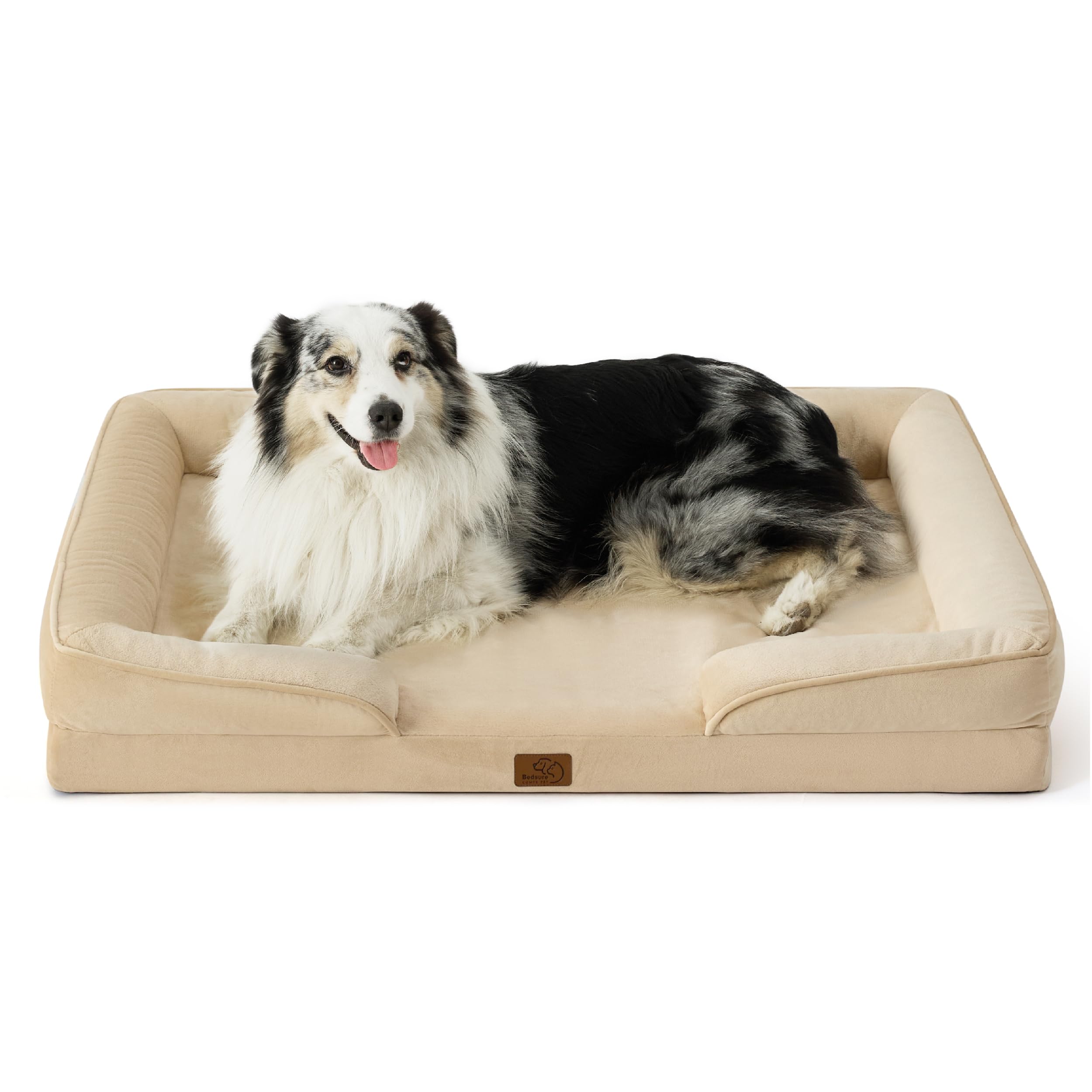 Bedsure, Letto/divano ortopedico per cani, XL, con rivestimento in flanella con cerniera sfoderabile, lavabile e impermeabile, per cani adulti, kaki chiaro, 106 x 80 x 16 cm