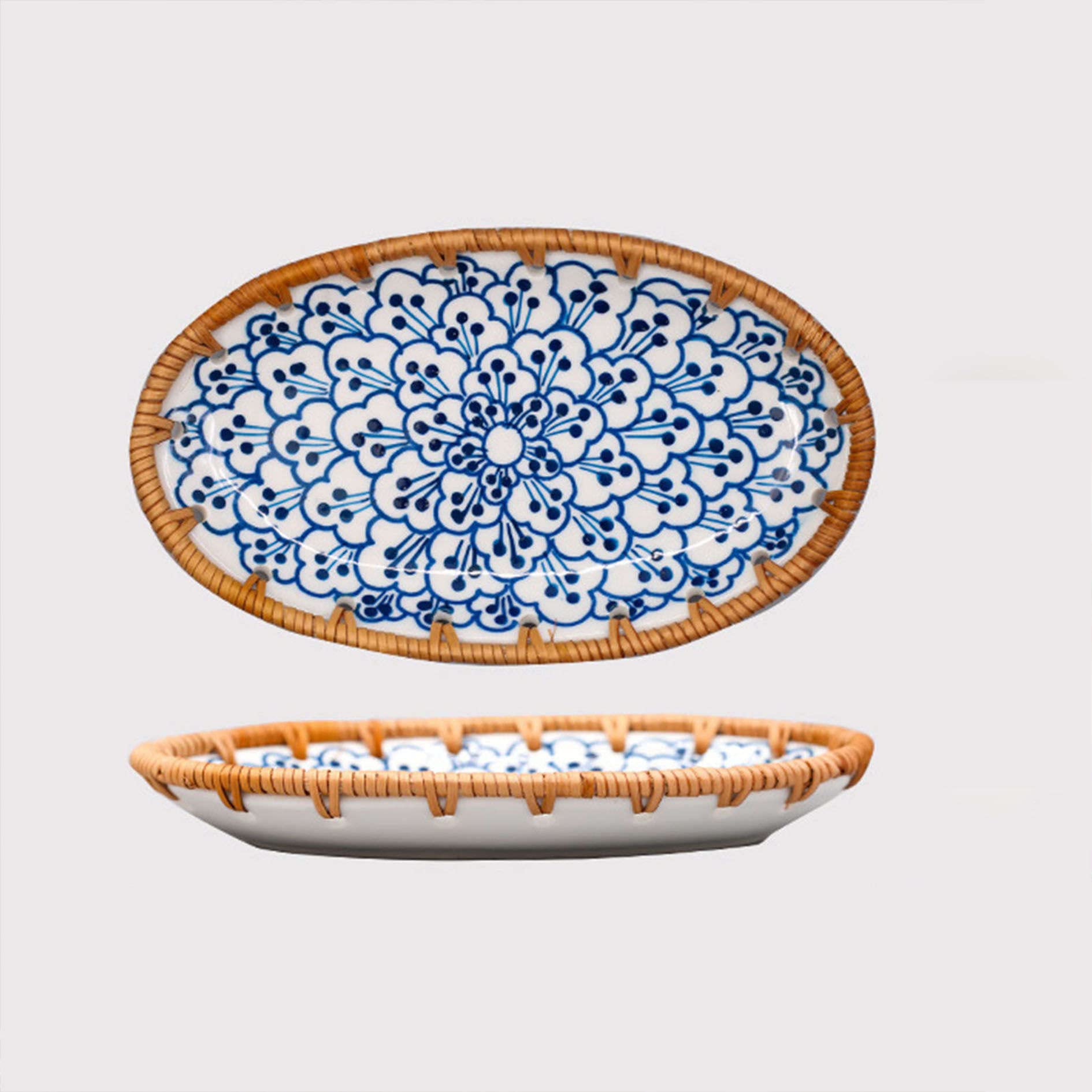 talerz obiadowy, Podzielone talerze obiadowe, talerz Diet Control, mały ceramiczny deserowy, zestaw 2 talerzy na przekąski z rattanu(B)