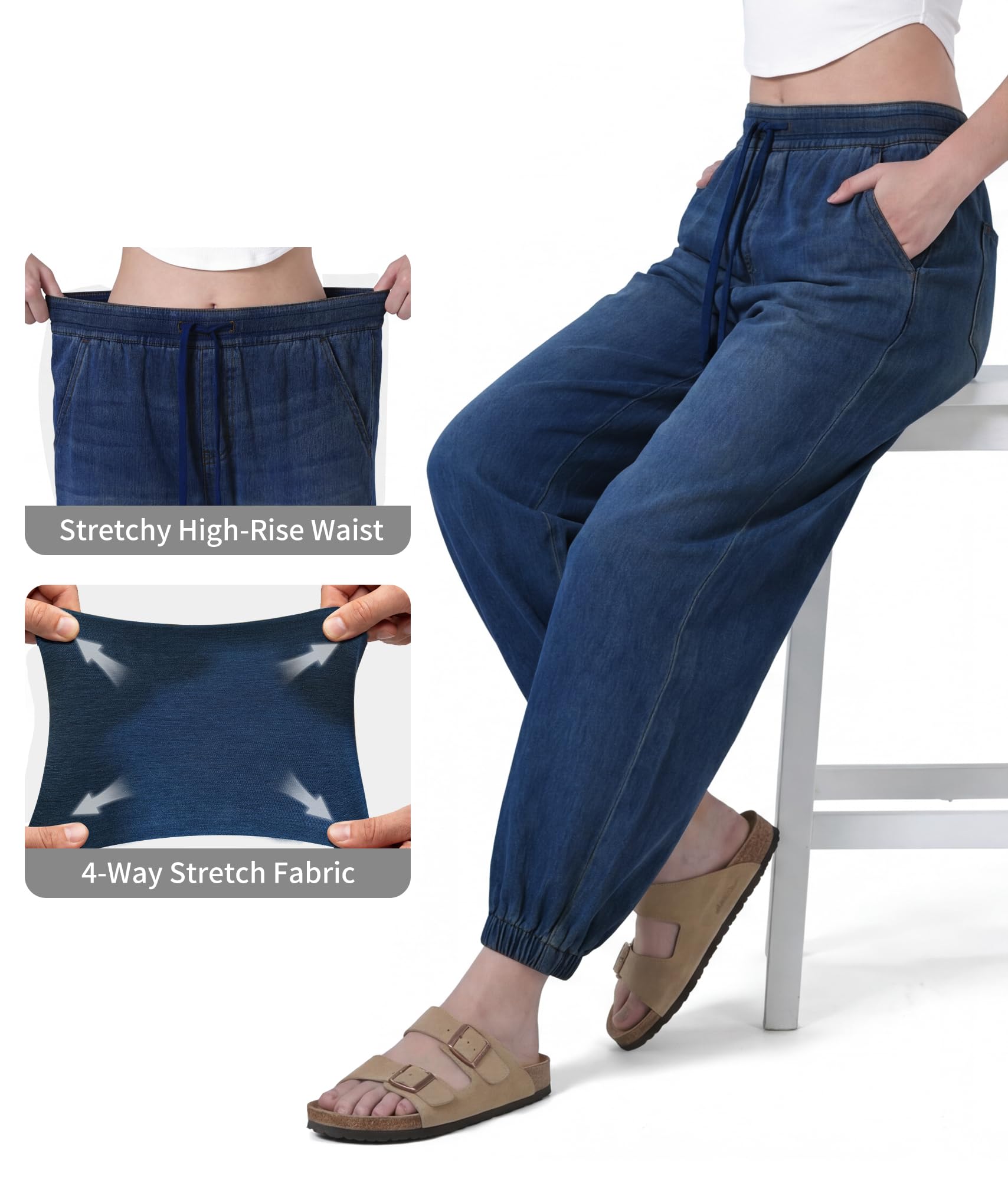 LaiEr Pantalones Mujer Modello harén Vaqueros con Vuelta en los Bajos,cordón Ajustable y elástico, Corte cónico Yoga Pantalones,Jogger Vaqueros Estilo Informal y Holgado,Tejido Denim elástico y Suave