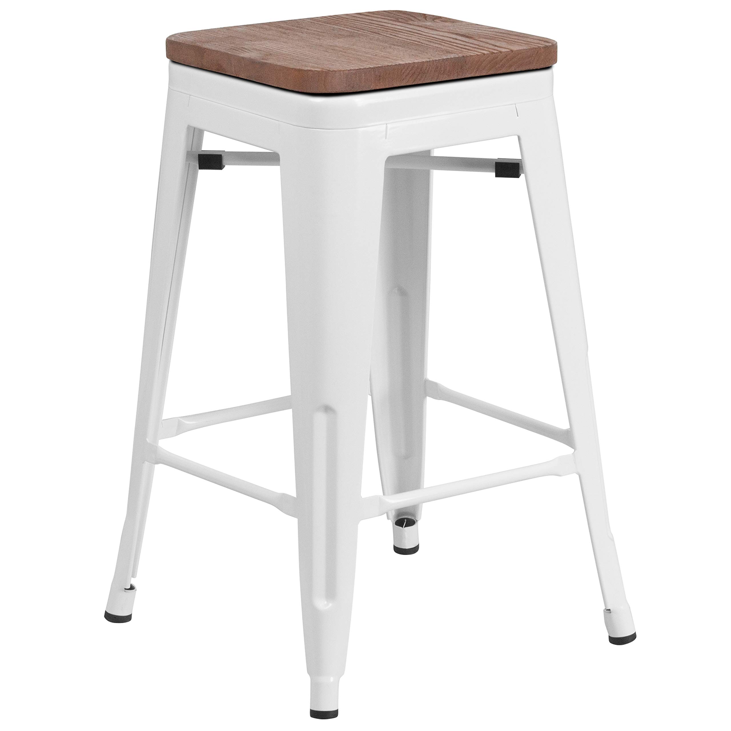 Taylor + Logan 24 Inch High Backless Metal Counter Height Stool with Square Wood Seat, White