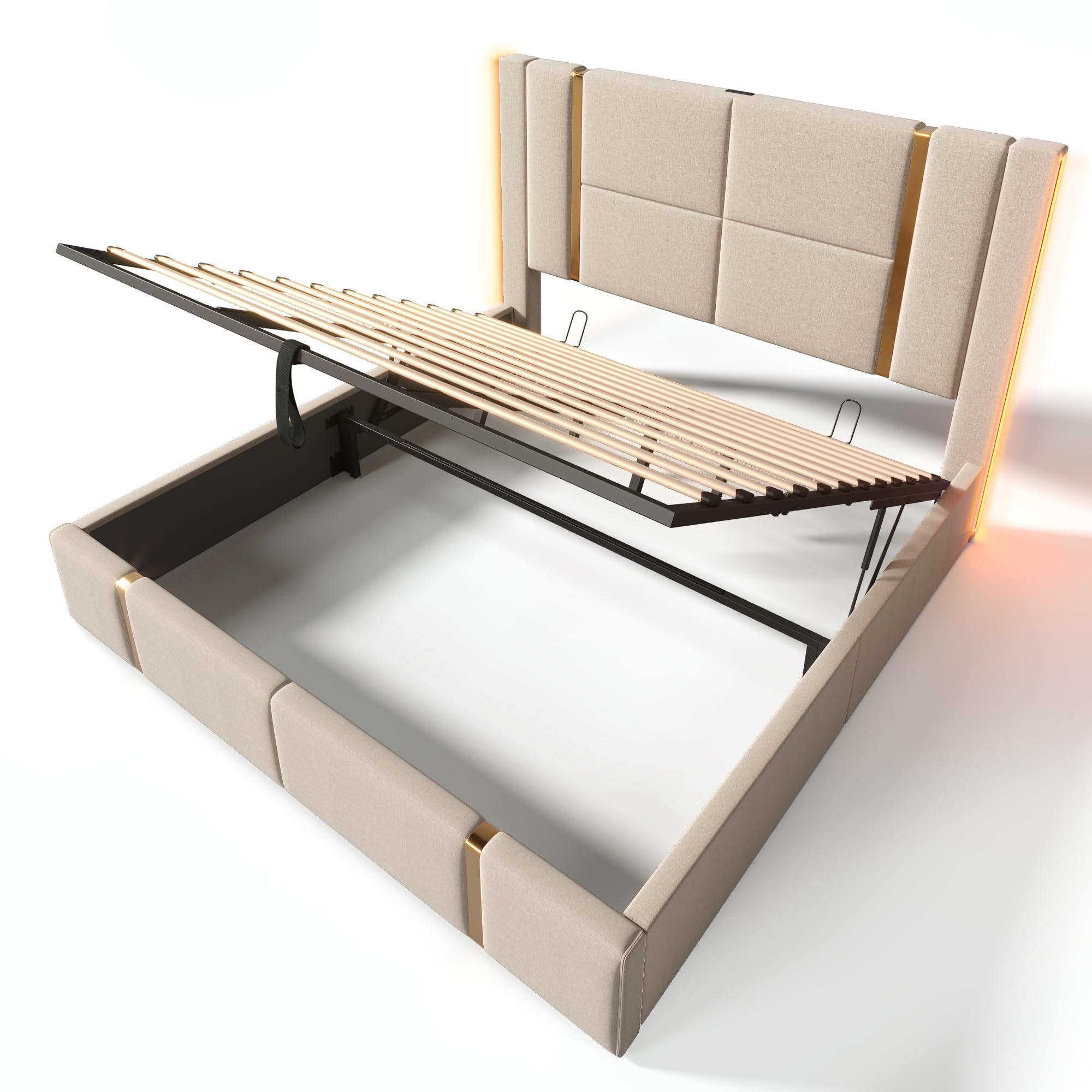 Moimhear Letto imbottito, letto matrimoniale, funzione di ricarica USB di tipo C, controllo APP, rete a doghe in legno, letto per ragazzi, letto per adulti, materiale di lino beige (materasso non