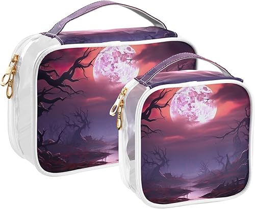 Halloween Trees Moon Clear Toiletry Bag for Traveling,2 Pack Makeup Cosmetic Bag with Zipper,Travel Bag for Toiletries,Travel Essentials 21214523