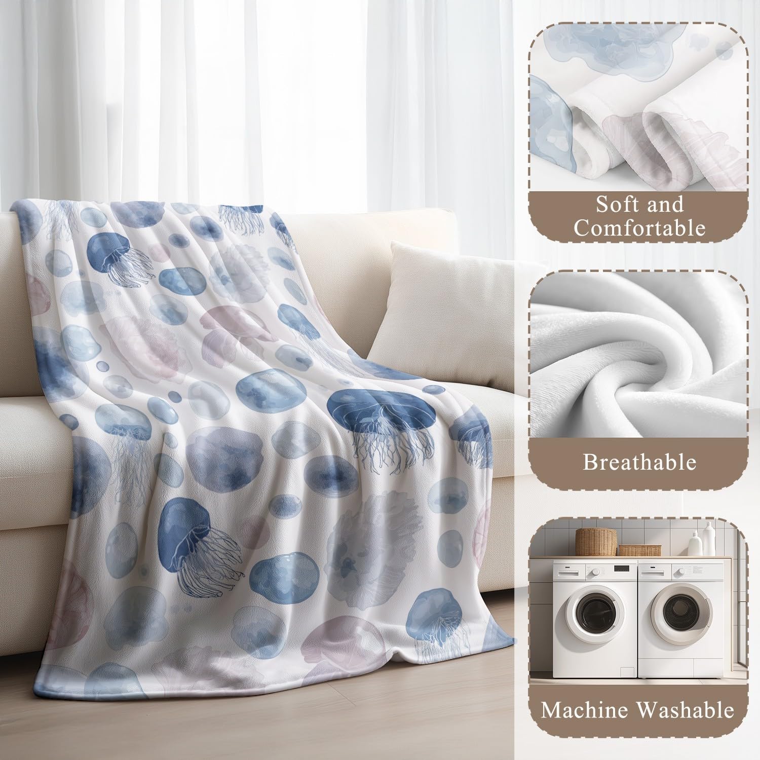 Générique Koc flanelowy w kratę 180 cm x 200 cm gruby ciepły jesienny koc polarowy, spokojny sen miękki świeży ocean morskie stworzenia puszyste lekkie koce
