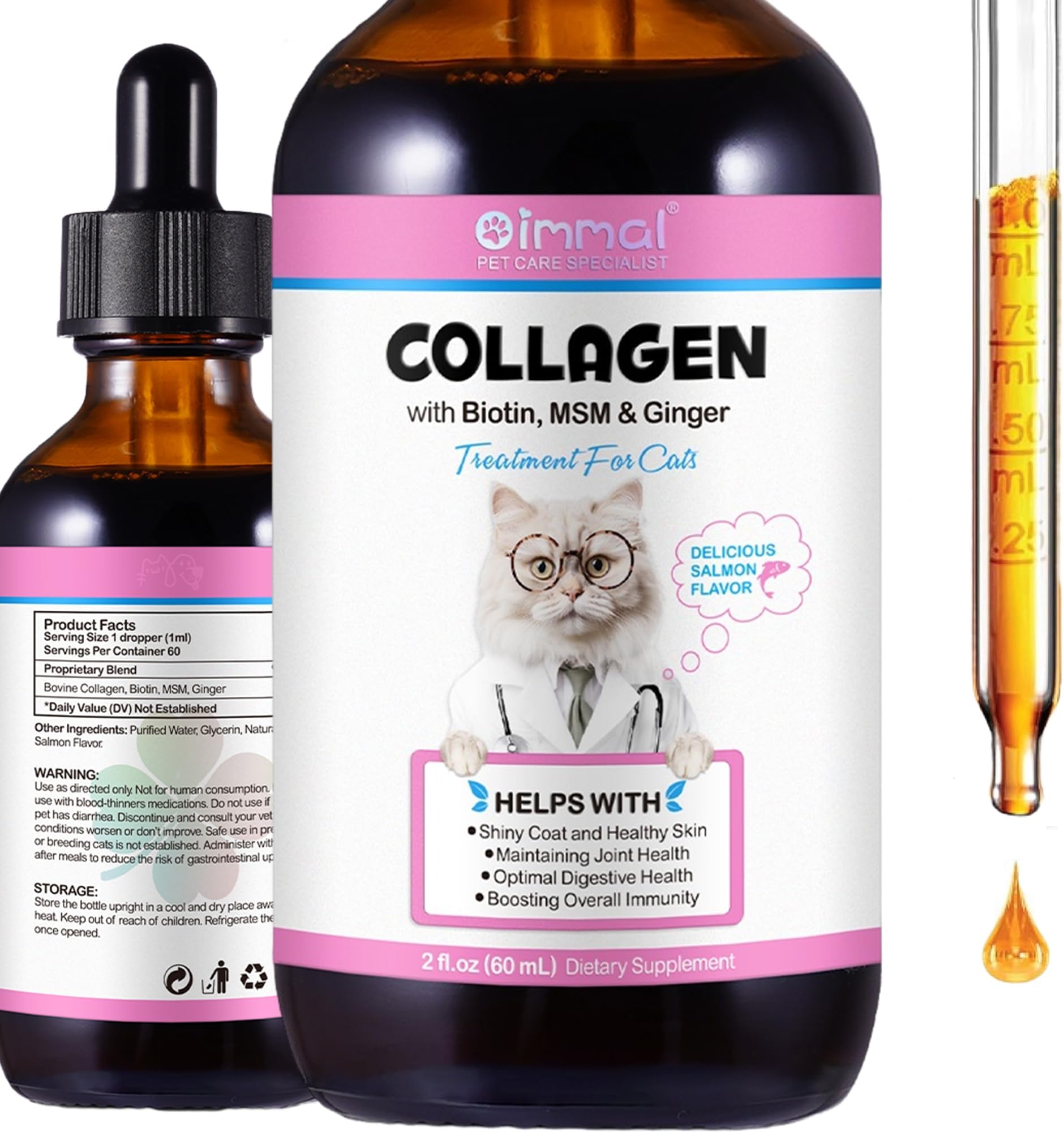Collagen for Cats, Liquid Collagen for Cats, Cat Hip & Joint Care with Collagen, Vitamin C, Biotin, MSM, Ginger and Hyaluronic Acid - 2 fl oz - Salmon Flavor