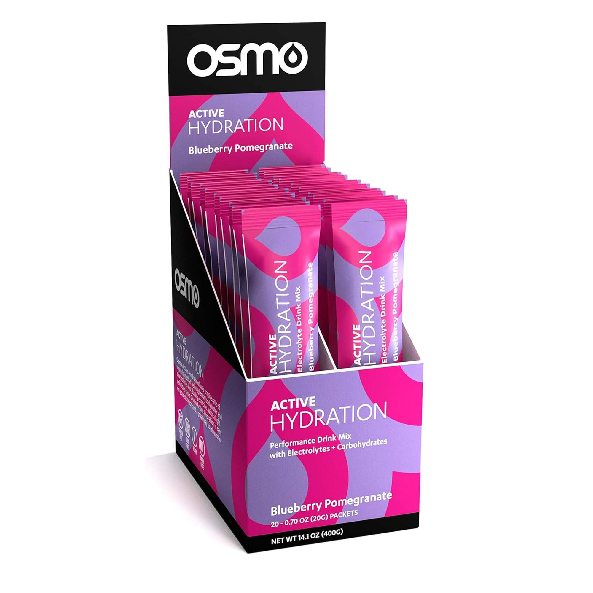 Osmo Active Hydration Electrolyte Powder - Includes Sodium, Magnesium, Potassium, Carbs & Vitamins, All Natural Ingredients, 3X Hydration, Boosts Power & Endurance - 20 Packets, Blueberry Pomegranate