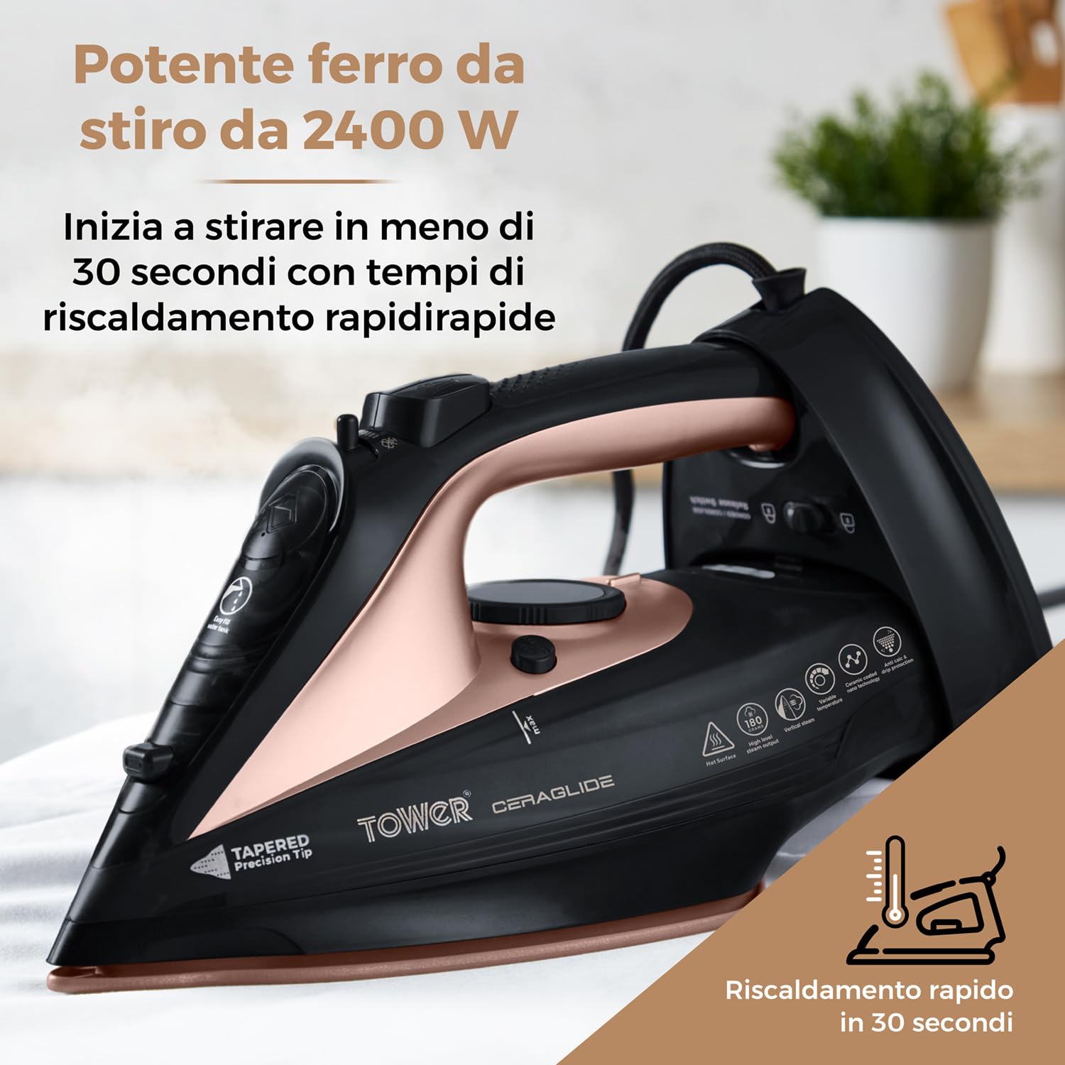 Tower T22008RG Ferro da Stiro a Vapore Senza Fili CeraGlide con Piastra in Ceramica e Funzione Vapore Variabile, Nero e Oro Rosa
