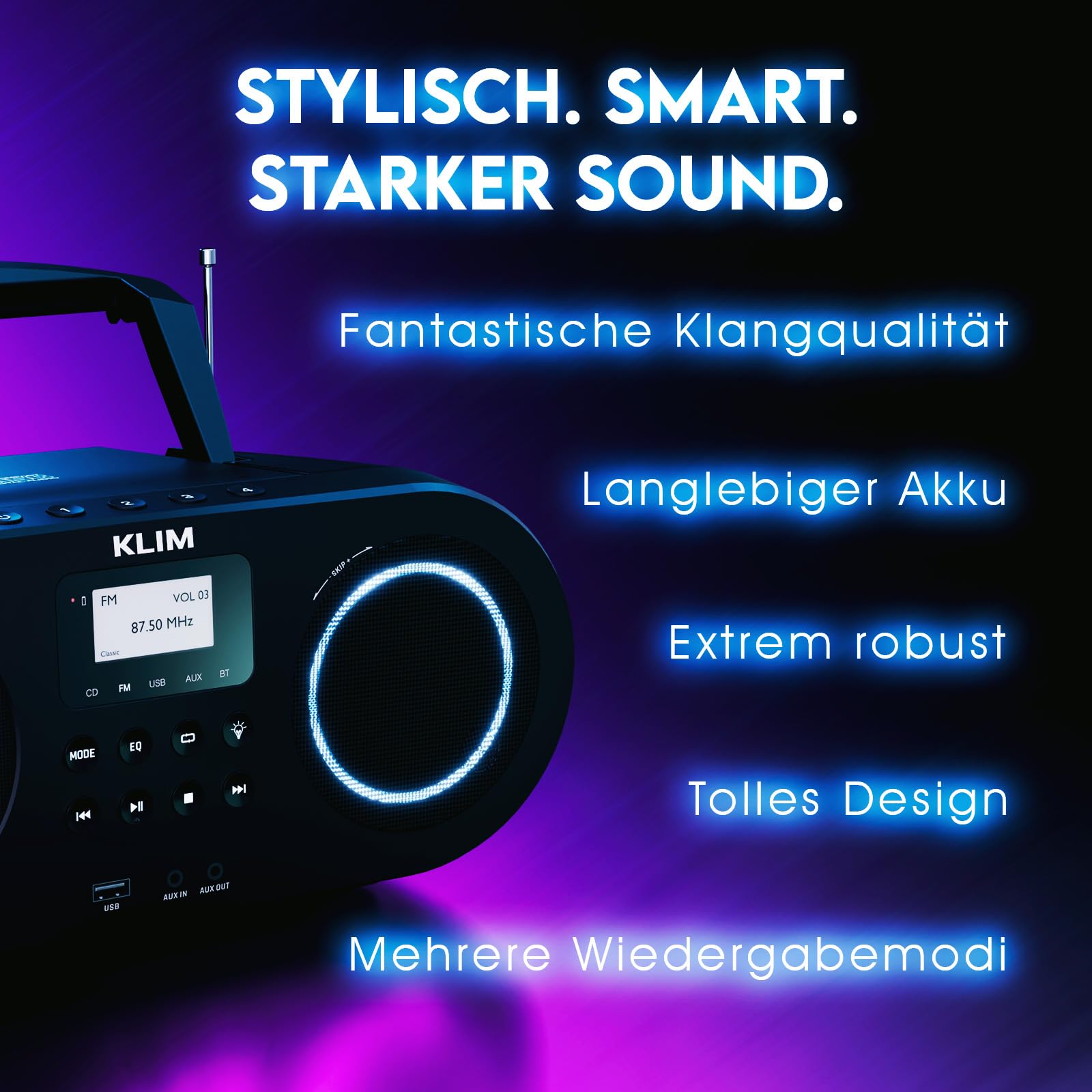 KLIM Boombox B5 Radio mit CD Player + FM Radio, Bluetooth, AUX, USB + NEU + CD Player tragbar mit kabellosem Modus und aufladbaren Akku + CD-Player mit Autosleep, Digital EQ