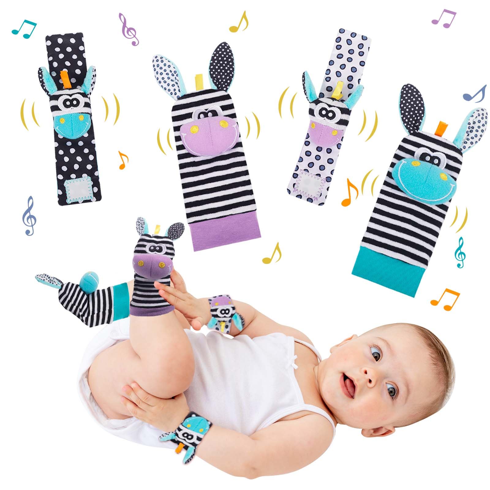 ROELLY Sonajero Calcetines y Muñequeras para Bebé, Juguetes Para Sonajero Bebe,Jirafa Cebra Animal de Peluche,Sonajero Calcetines y Muñequeras, Juguetes Bebes Para Recién Nacidos, Juegos Bebe 0-6 Mese