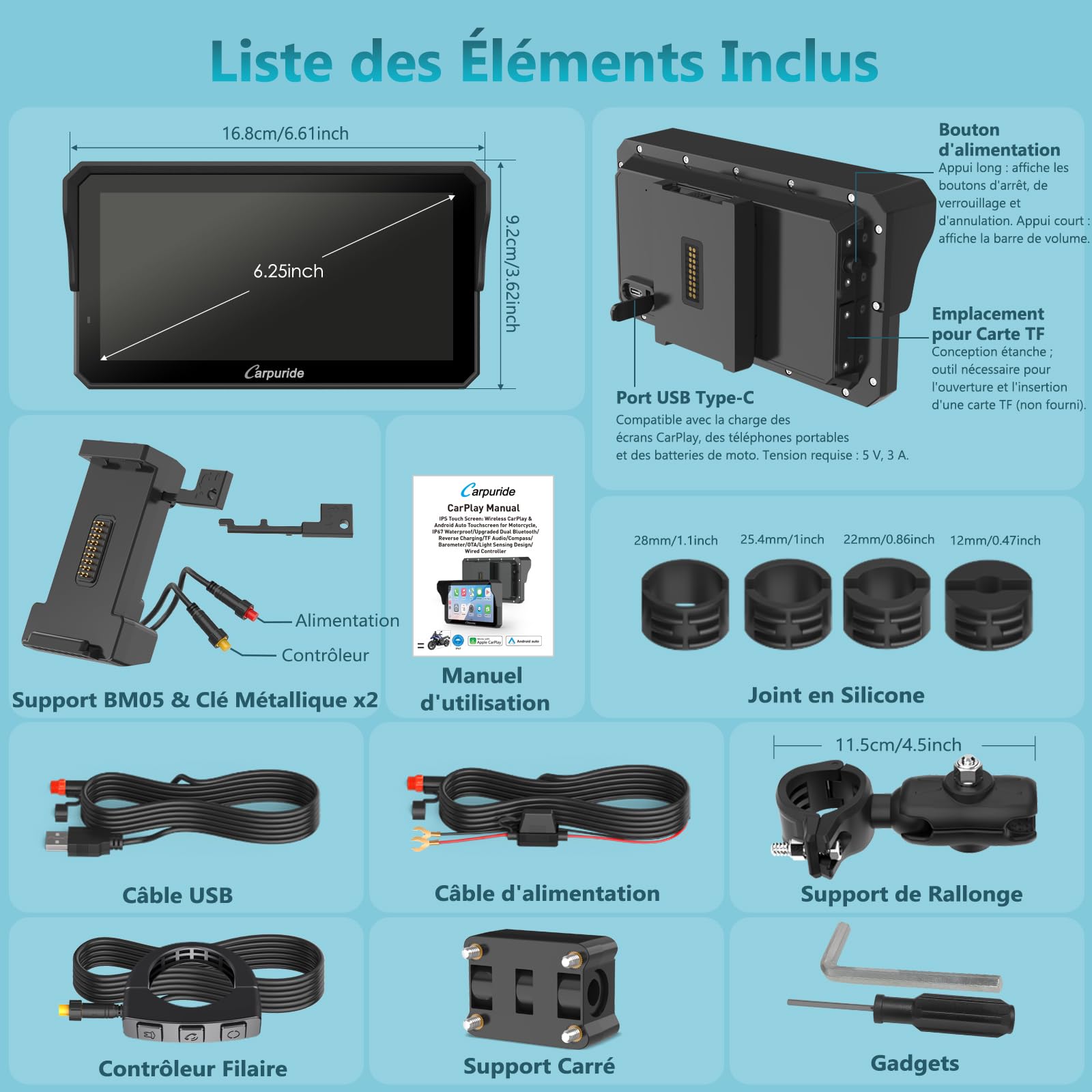 Carpuride W602S Pro Moto CarPlay Écran avec BM05 pour Plug-and-Play, Sans Fil CarPlay & Android Auto, 6,25" Étanche Tactile Écran, OTA, Double Bluetooth, Interphone Fonction, Filaire Contrôleur, Navi.
