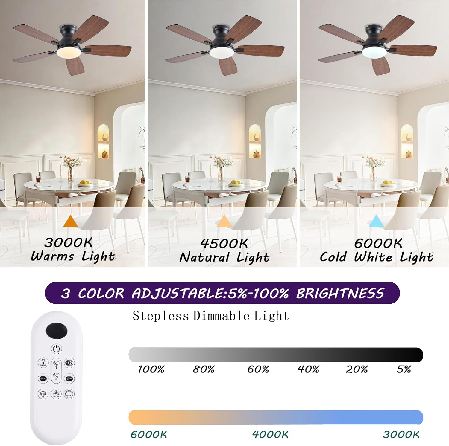 NKPU 42inch Ceiling Fans with Lights, Low Profile Ceiling Fan with Light and Remote/APP Control, DC Reversible Motor, Noiseless, Flush Mount, Brown Ceiling Fan for Bedroom Indoor/Outdoor Use