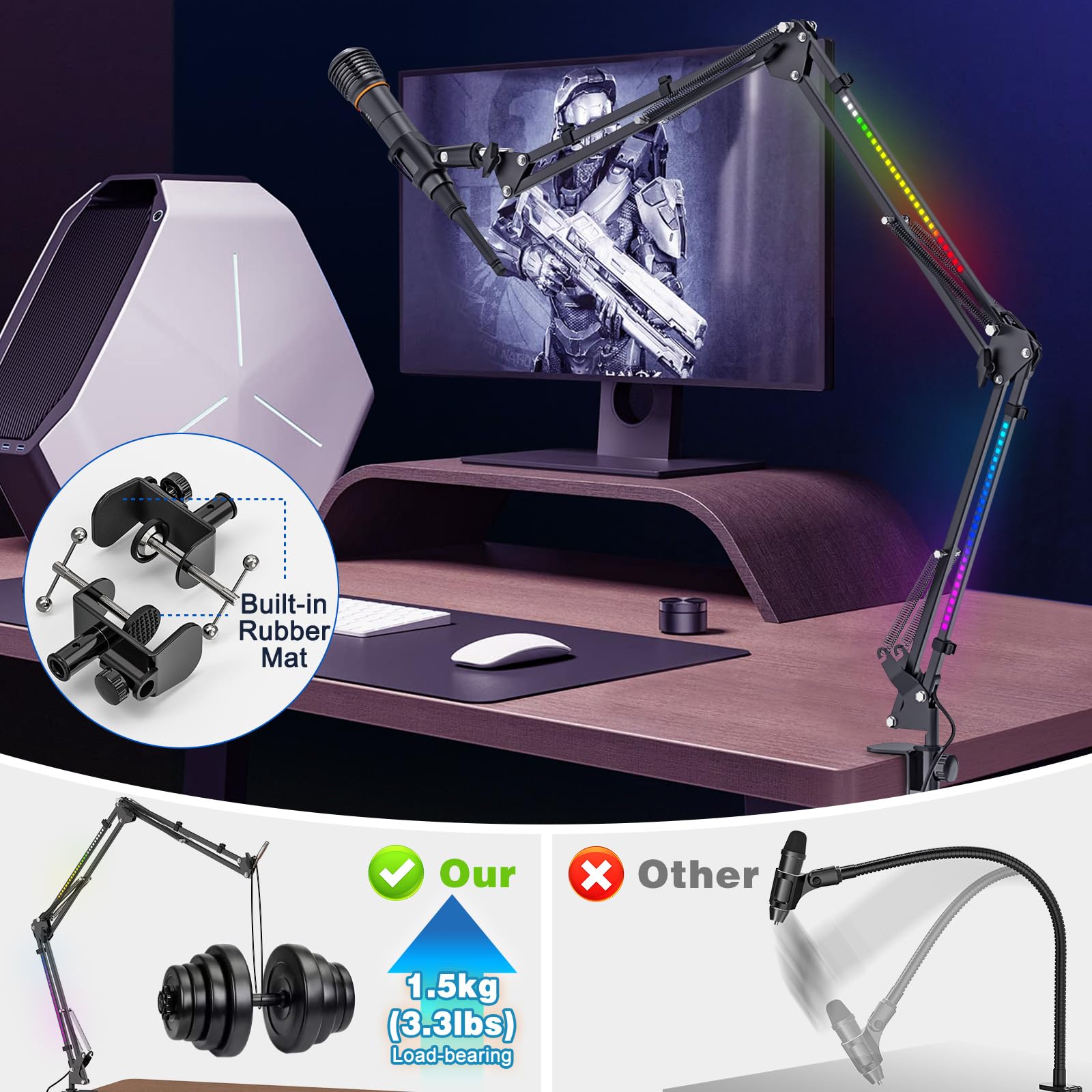 Ramię wysięgnikowe do mikrofonu, stojak na mikrofon biurkowy ze światłem RGB, regulowany uchwyt do zawieszenia mikrofonu ze śrubą 3/8" do 5/8", idealny do TikTok, transmisji na żywo, śpiewania