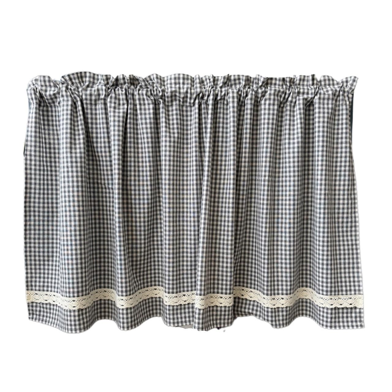 BDFJEDS Cabinet Curtain Plaid Lace Trim Kitchen Short Curtains Rod Pocket Window Valance Cafe Curtain For Cabinet Sink(Grey,ROD POCKET_1PC W140XH50CM)