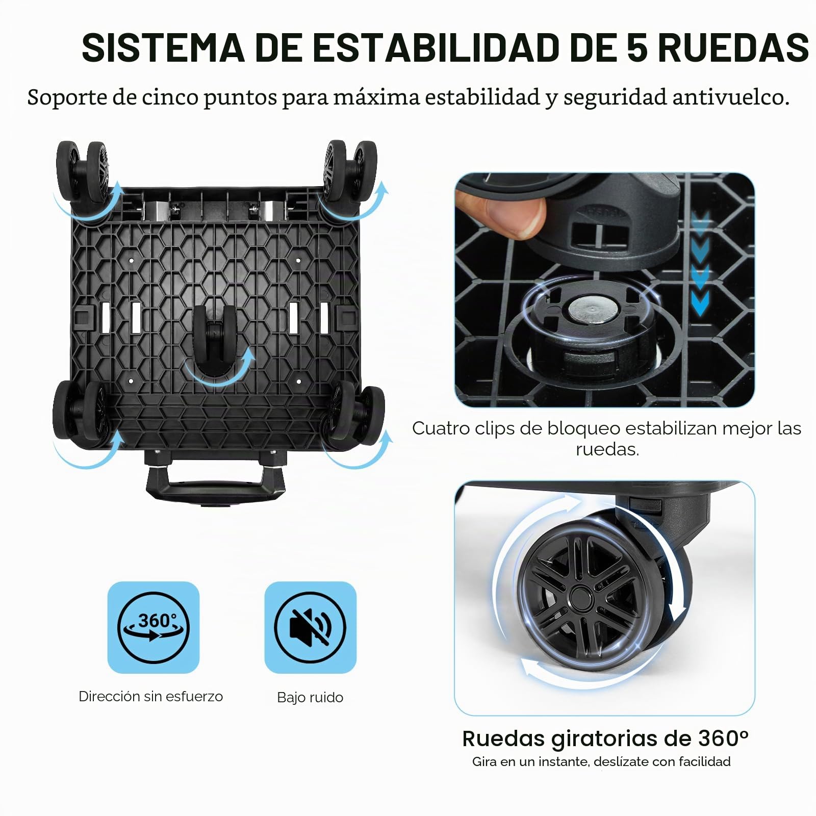 Amythe Carrito Escolar con 5 Ruedas Plegable, Carro Universal con 2 Correas de Sujeción para Mochilas y Equipaje de Viaje, Altura Ajustable, Negro