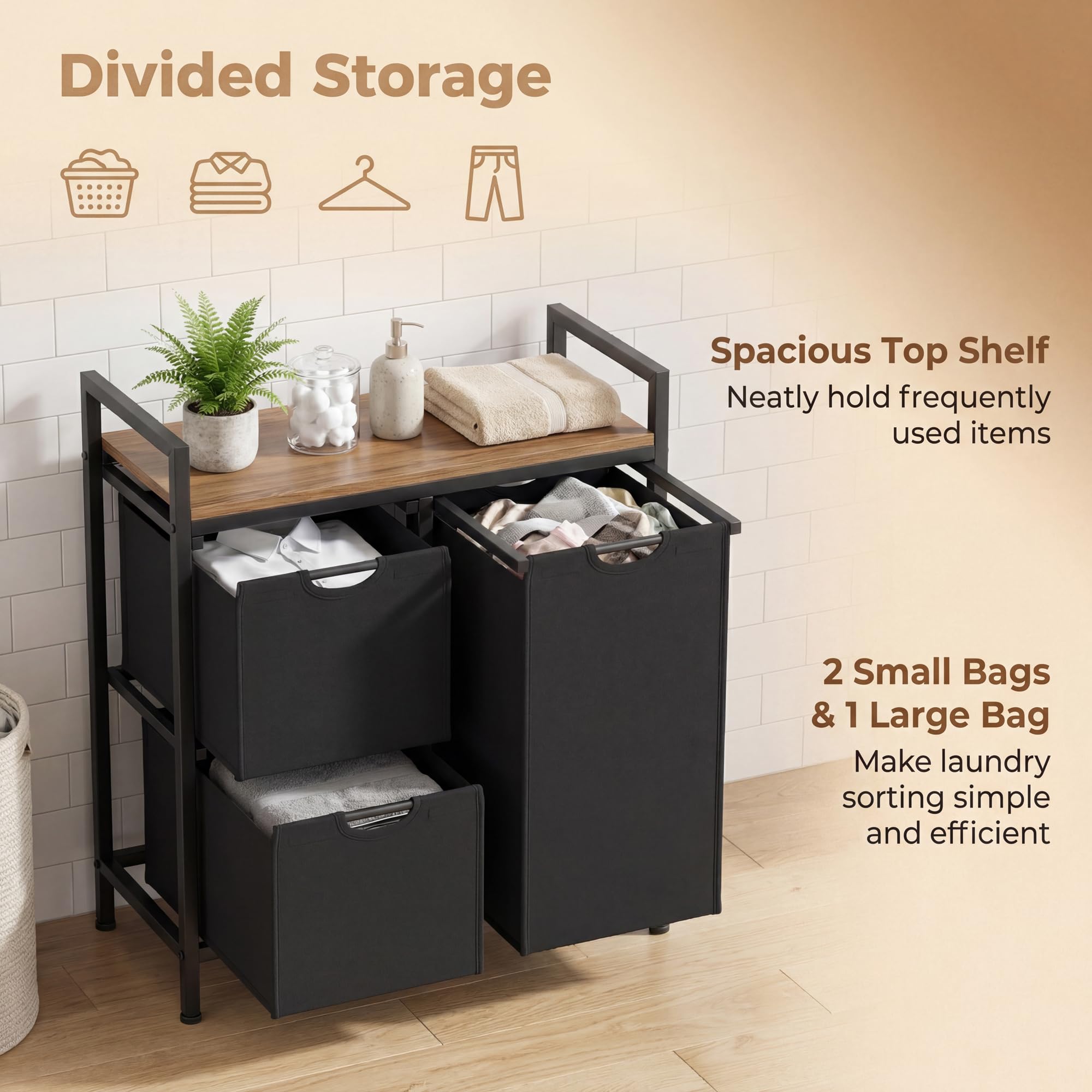 LIFEZEAL Cesto para la colada con estante, cesta para la colada con 2/3 bolsas de tela desmontables, cesta de lavandería de tela Oxford, bolsa de lavandería para lavandería, cuarto de baño, color