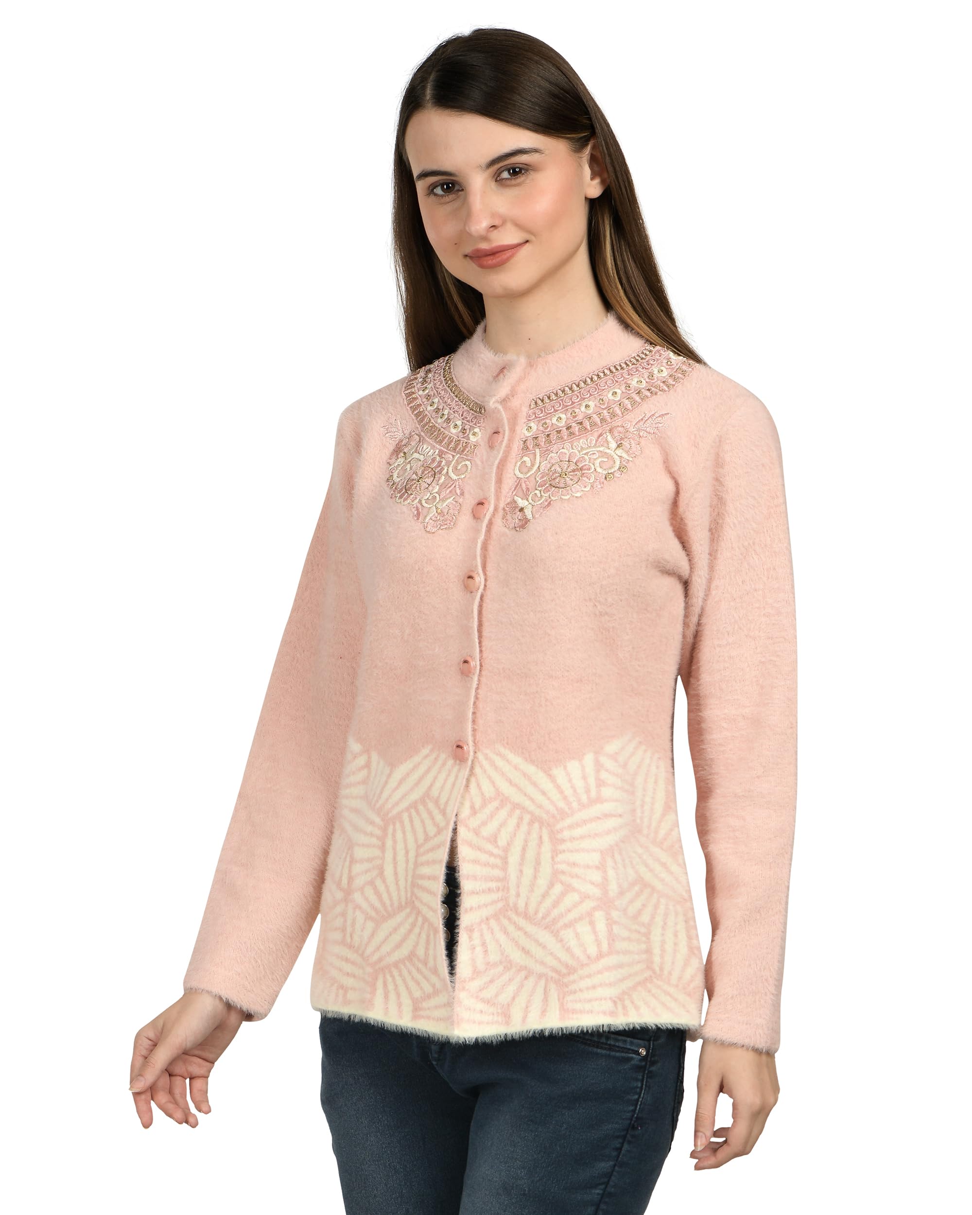 ladywillington Lady Willington Women Woolen Round Neck Self Design Hair Fabric Cardigan Winter Wear Pure Wool Cardigan for Women Long Cotty Fully Warm Cardigan Free Size-picture-14