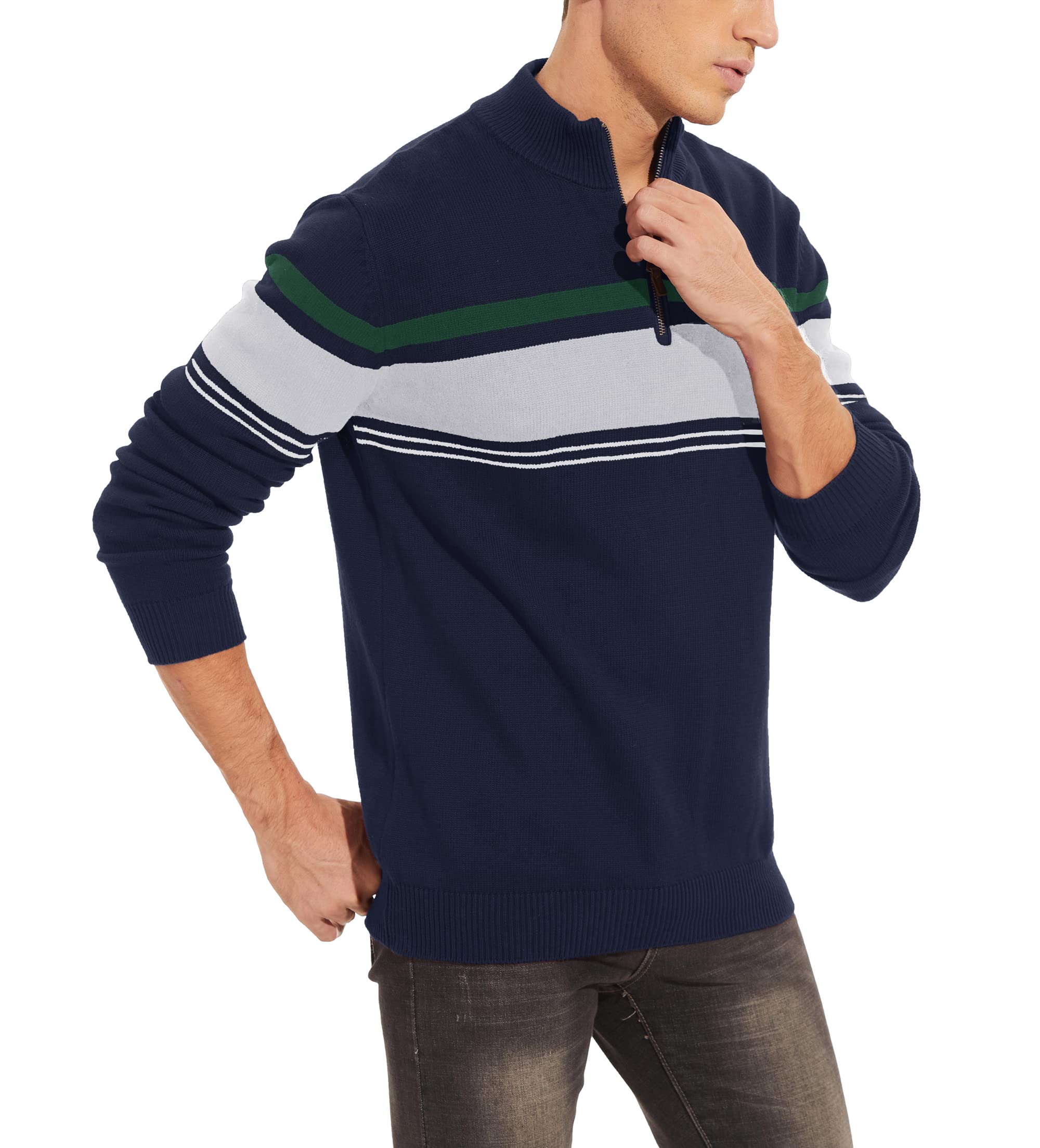 MAGCOMSEN Maglione da uomo a maglia con colletto alto, 1/4 zip, a righe, in cotone, a maniche lunghe, in pile, elasticizzato, per autunno e inverno