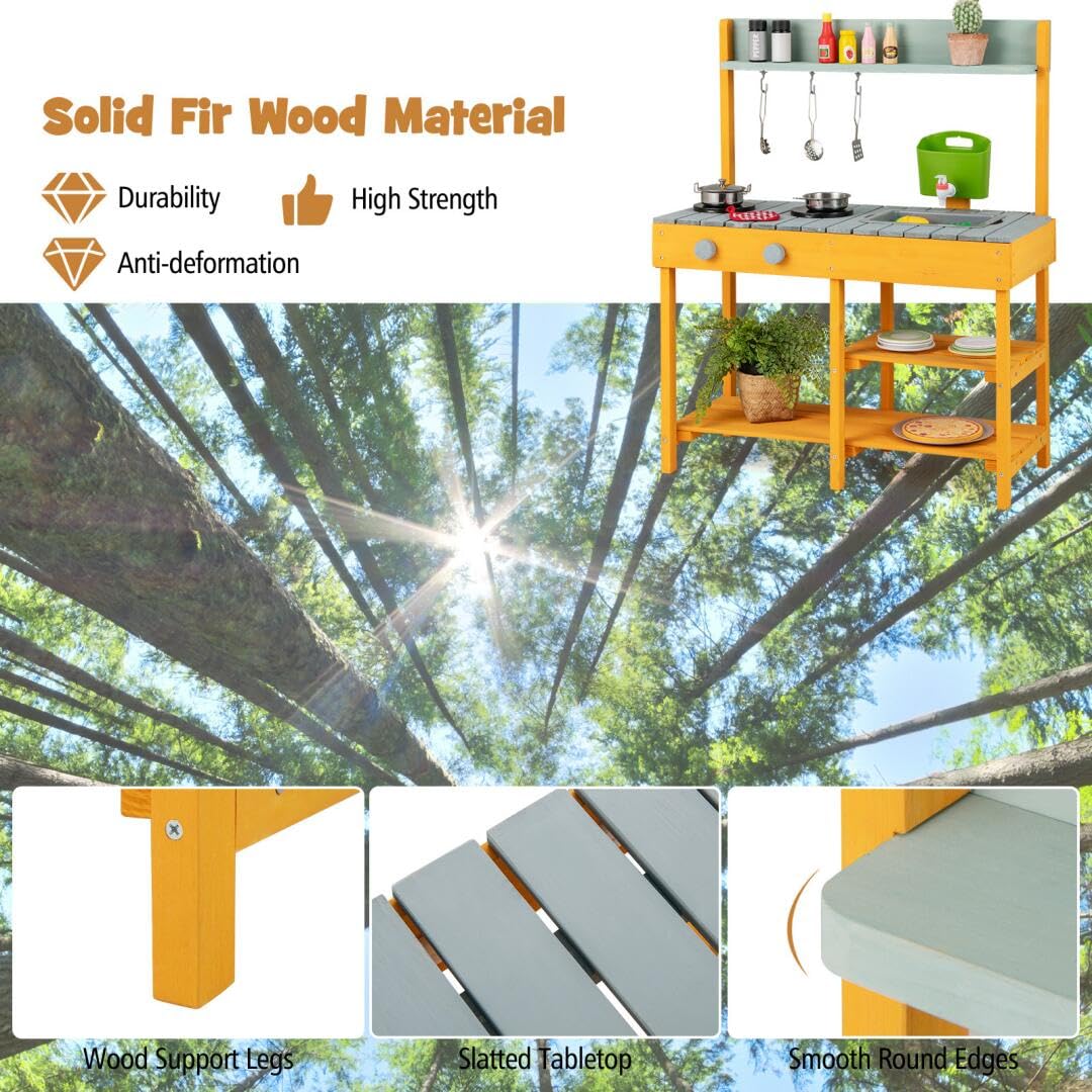 HOMASIS Matschküche Kinder Outdoor, Kinderküche mit Spüle Herd, Spielküche aus Holz, Spielzeugküche mit 3 Haken & Regalen, Holzküche Gartenküche für Kinder ab 3 Jahren (Orange, mit Wasserspender)
