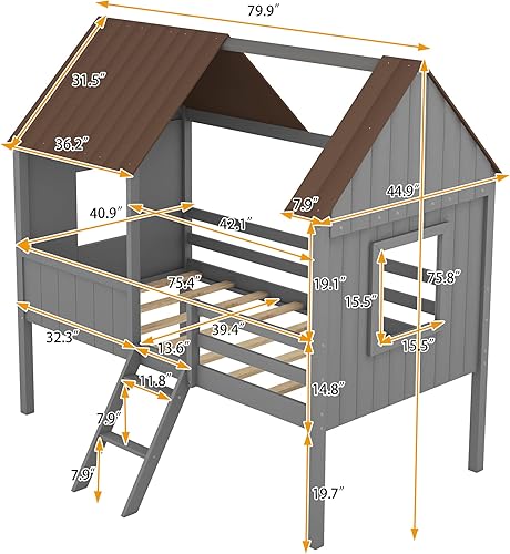 Miniatura 11 de Cama de tamaño individual para niños, marco de cama baja tamaño individual, cama individual de madera para niños con dos ventanas laterales y techo,