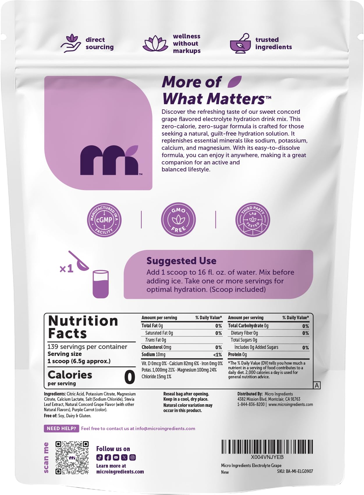 Micro Ingredients Electrolytes Powder, 2lbs (139 Servings) | Sugar Free | Sweet Concord Grape Flavor | 1,000 mg High Potassium Hydration Drink Mix | Keto Friendly, Non-GMO — Amazon image 7
