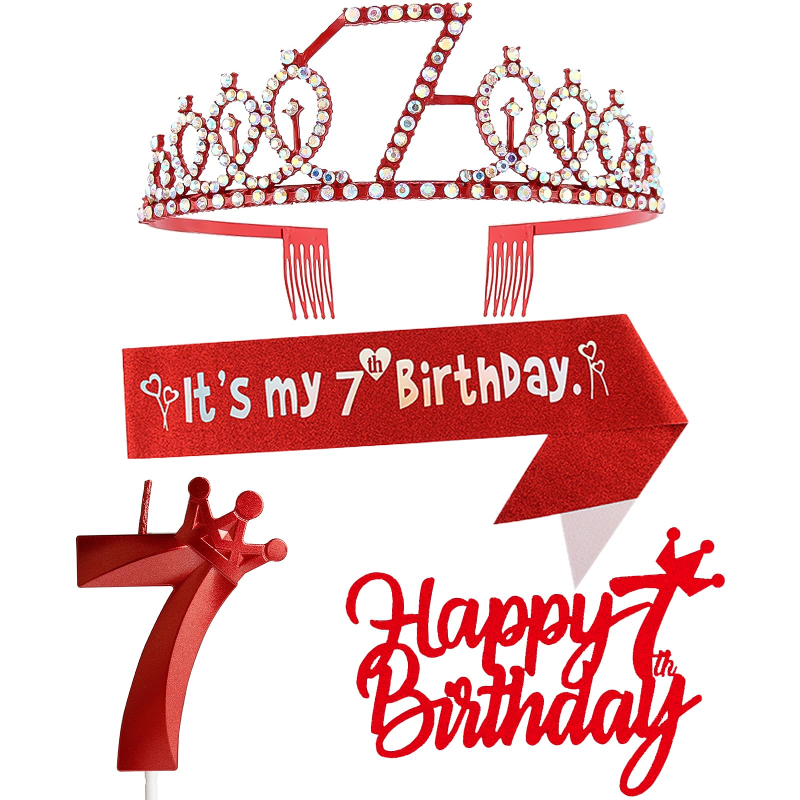 Red 7th Birthday Party Supplies for Girl - Includes Crown, Sash, Cake Toppers, Number 7 Candles