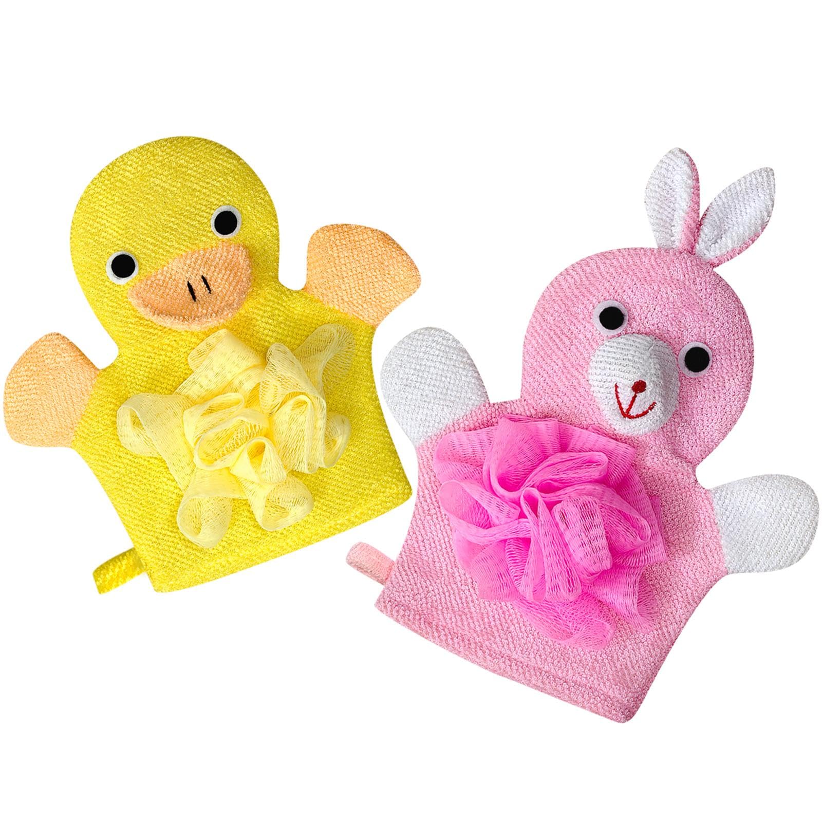 Kids Bath Gloves Loofah for Kids 2 Pack Glove Body Scrubber for Shower Animal Body Wash Gloves, Easy to Lather
