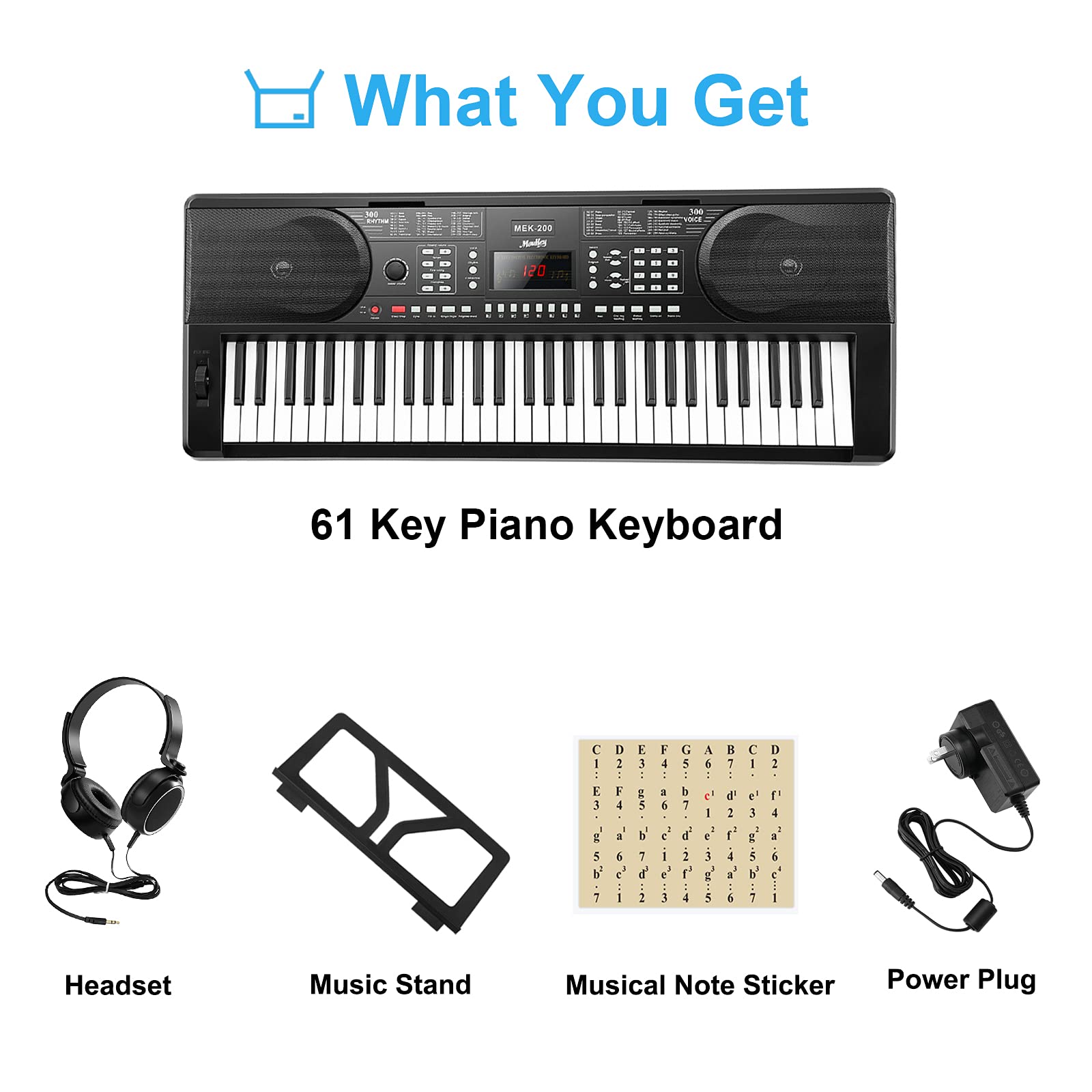 Moukey 61 Teclas Teclado de Piano Eléctrico para Principiantes, Piano Digital con Atril y Pegatinas de piano, Pantalla LED, 300 Ritmos, 300 Tonos, 50 Demos y Modo de Aprendizaje para Niños, MEK-200