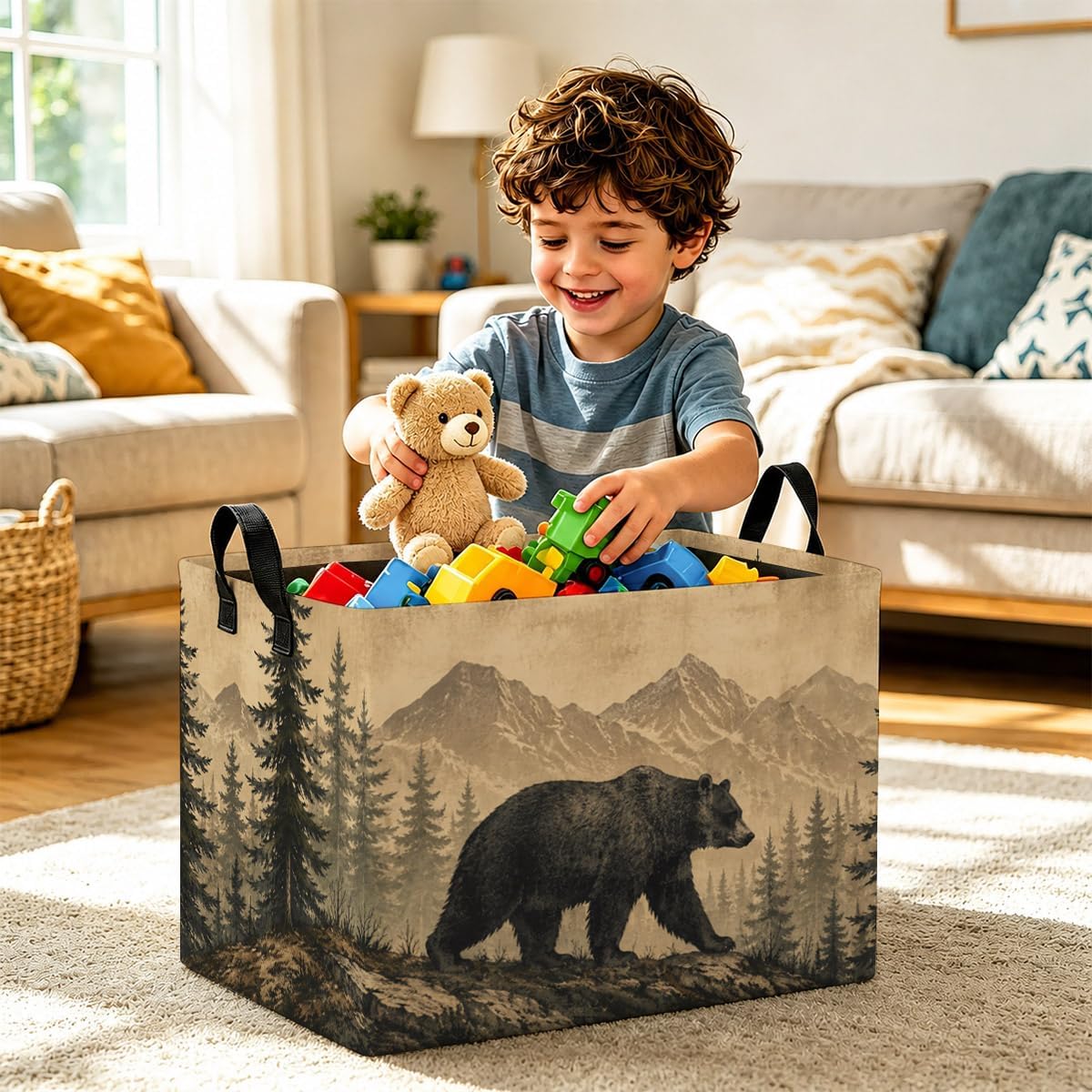 Forest Bear Storage Bins, 56L Laundry Hamper Foldable with Handles | Foldable Laundry Hamper Storage Basket with handles, large capacity, space-saving organizer for clothes, toys & home use
