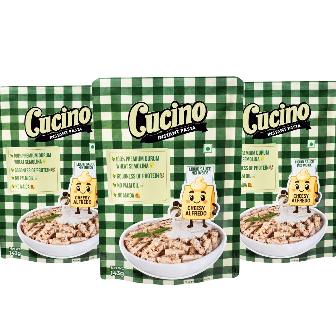 Cucino Instant Pasta Cheesy Alfredo – Premium Durum Wheat Semolina Pasta with Liquid Sauce Mix Inside, High Protein, No Palm Oil, No Maida, Creamy Italian Style Ready to Cook Meal, (143g Pack) (Pack of 3)-image-33