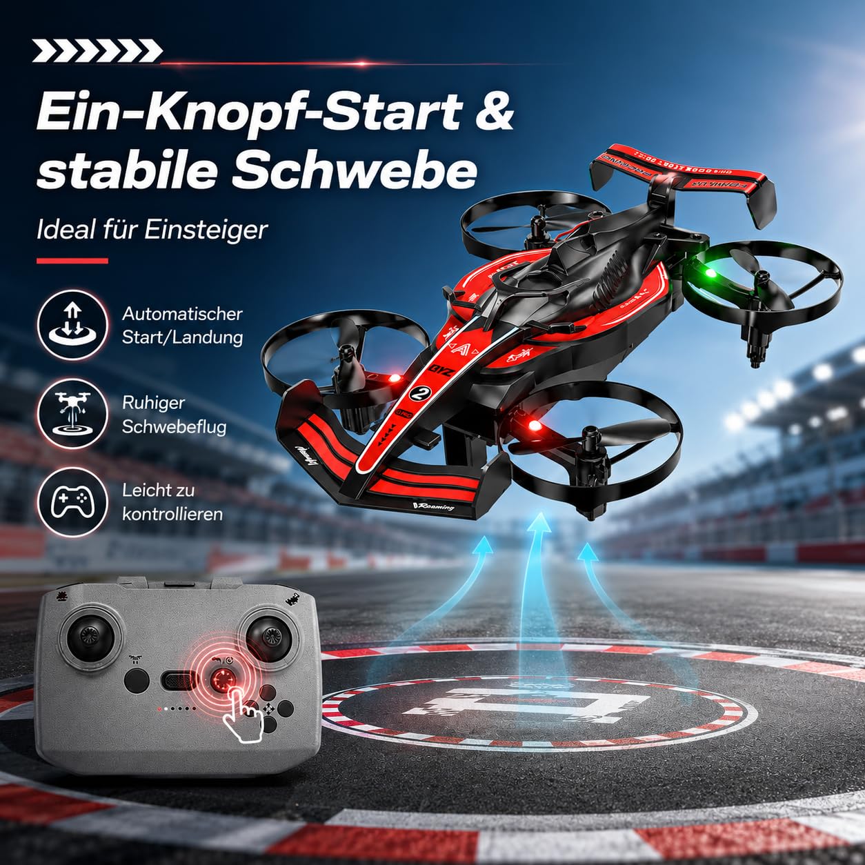 RC Flugauto 2 in 1, Fliegendes Auto mit Fernsteuerung, RC Drone Auto mit LED Beleuchtung, Drift Car & Quadrocopter, 2,4 GHz, Headless Mode, EIN-Tasten-Start, 2 Akkus, Kinder (Rot)