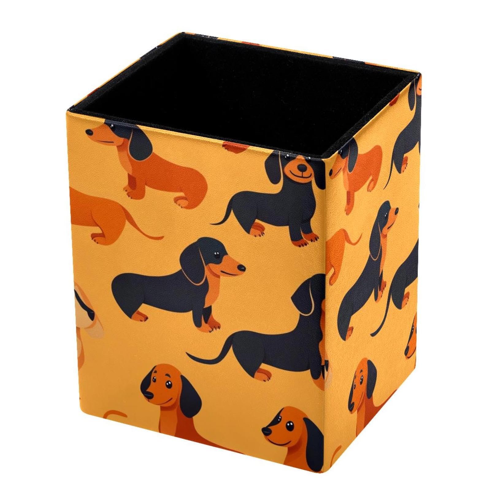 FWJZDSP Pencil Holder for Desk Pen Pouch with Cartoon Dachshund Dogs Capacity Pen Cup Leather Makeup Brush Holder for Office Desk Organizer