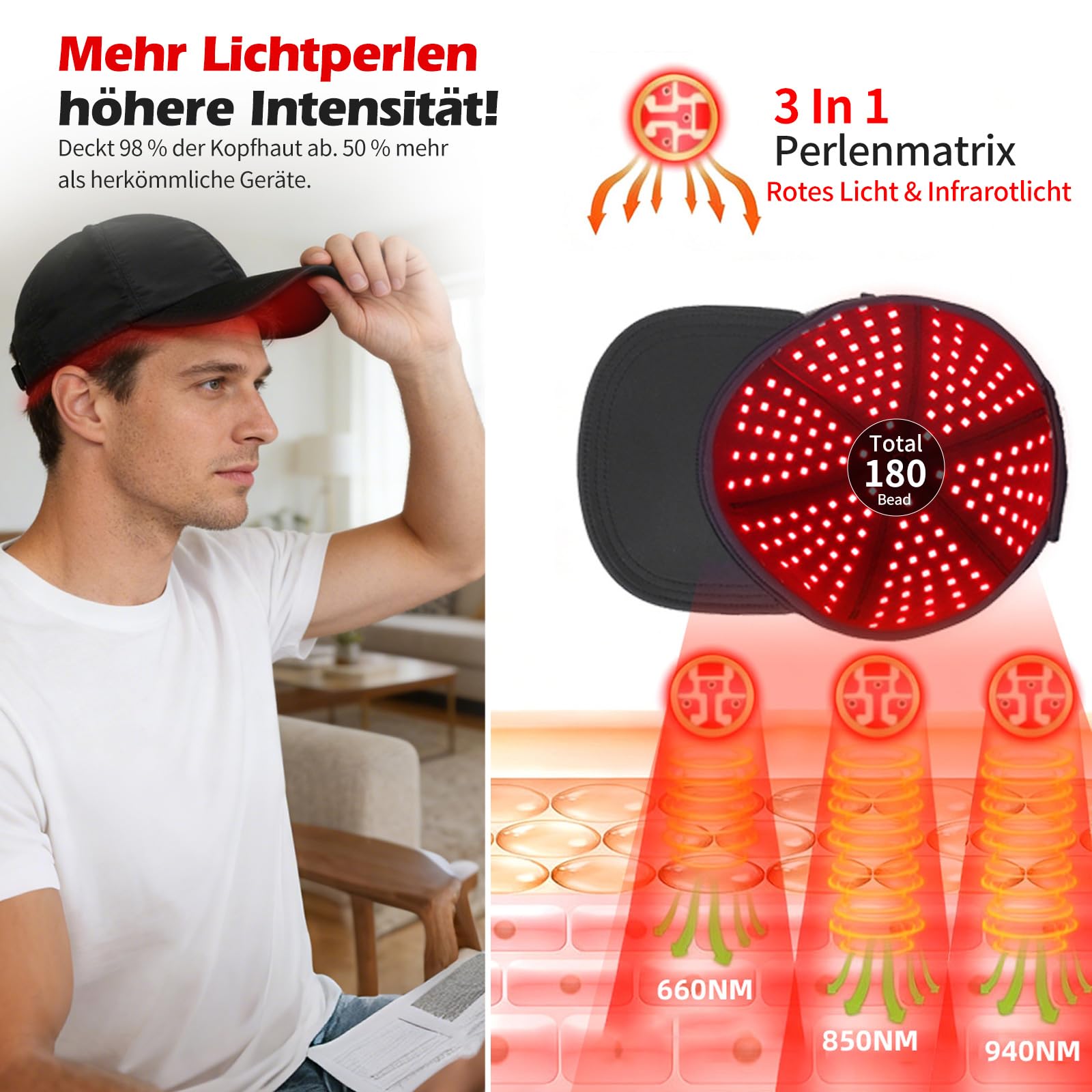 180 LEDs Red Light Kappe für Haarwachstum und Gegen Haarausfall, 660/850/940nm Wavelength, Haarwachstum Cap Einstellbare 5 Helligkeitsstufen für den Heimgebrauch