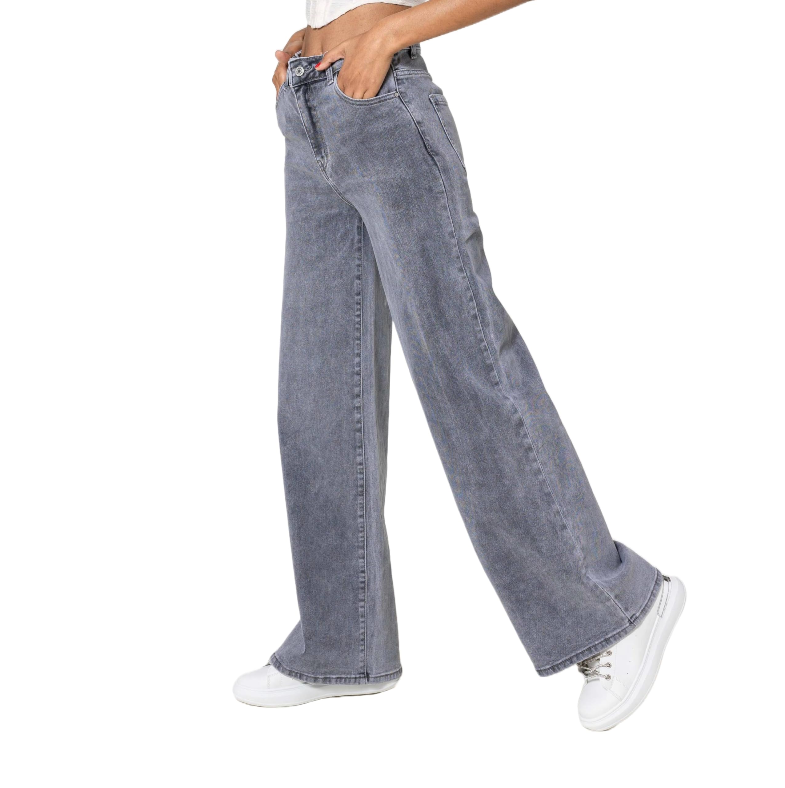 Nina Carter YY300 Pantalones vaqueros de cintura alta para mujer, pierna ancha, elásticos, aspecto desgastado