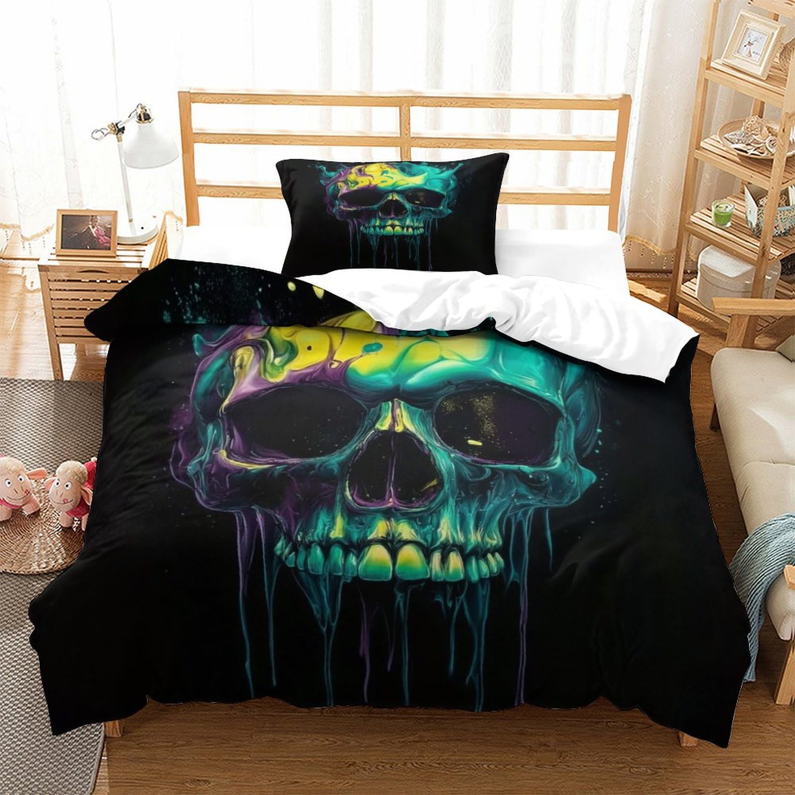 P1s9u7w5y Skull-1 Graffiti Skull 3D Printed Duvet Cover Set 3Pcs Microfiber Neon Skull Bedding Set Single（135X200cm）