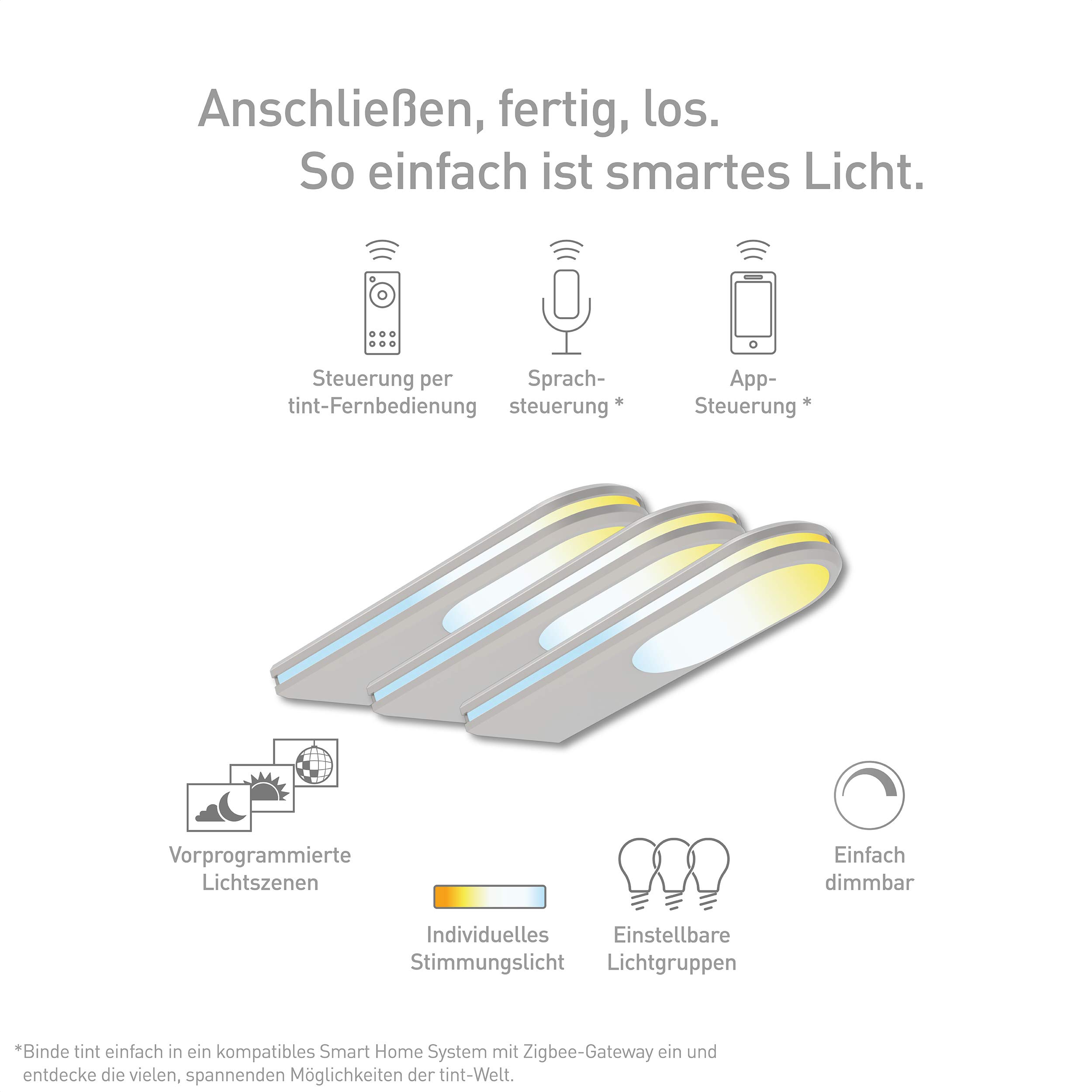 tint 3er-Set Smarte LED-Unterbauleuchte ARMARO – Steuerbar per Alexa oder Fernbedienung – Dimmbare Küchen- oder Regalbeleuchtung mit weißem Licht 2700-6500 K – 15 cm