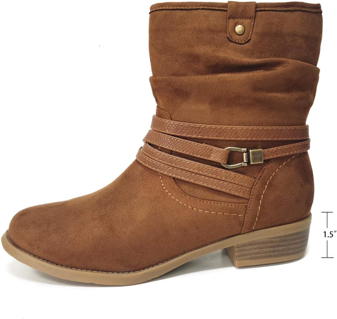 VJH confort Women's Mid Calf Boot,Round Toe Low Heel Comfort Slouchy Bootie with Side Zipper Buckle Strap - Image 3