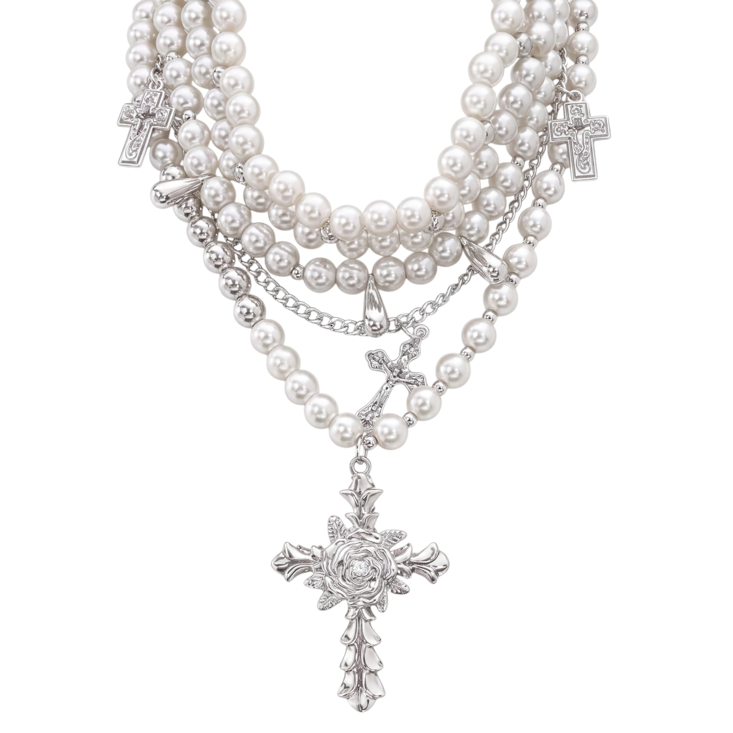 Collier de perles gothique long chapelet et croix strass - 7