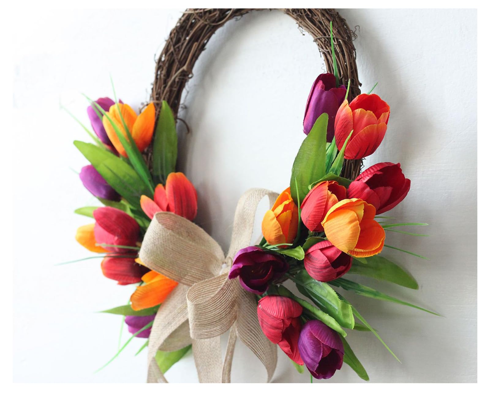 Ghirlanda di fiori artificiali, ghirlanda di tulipani artificiali da 35 cm, ghirlanda di tulipani in rattan a semicerchio, ghirlanda di fiori di seta primaverili for la decorazione della casa, decoraz
