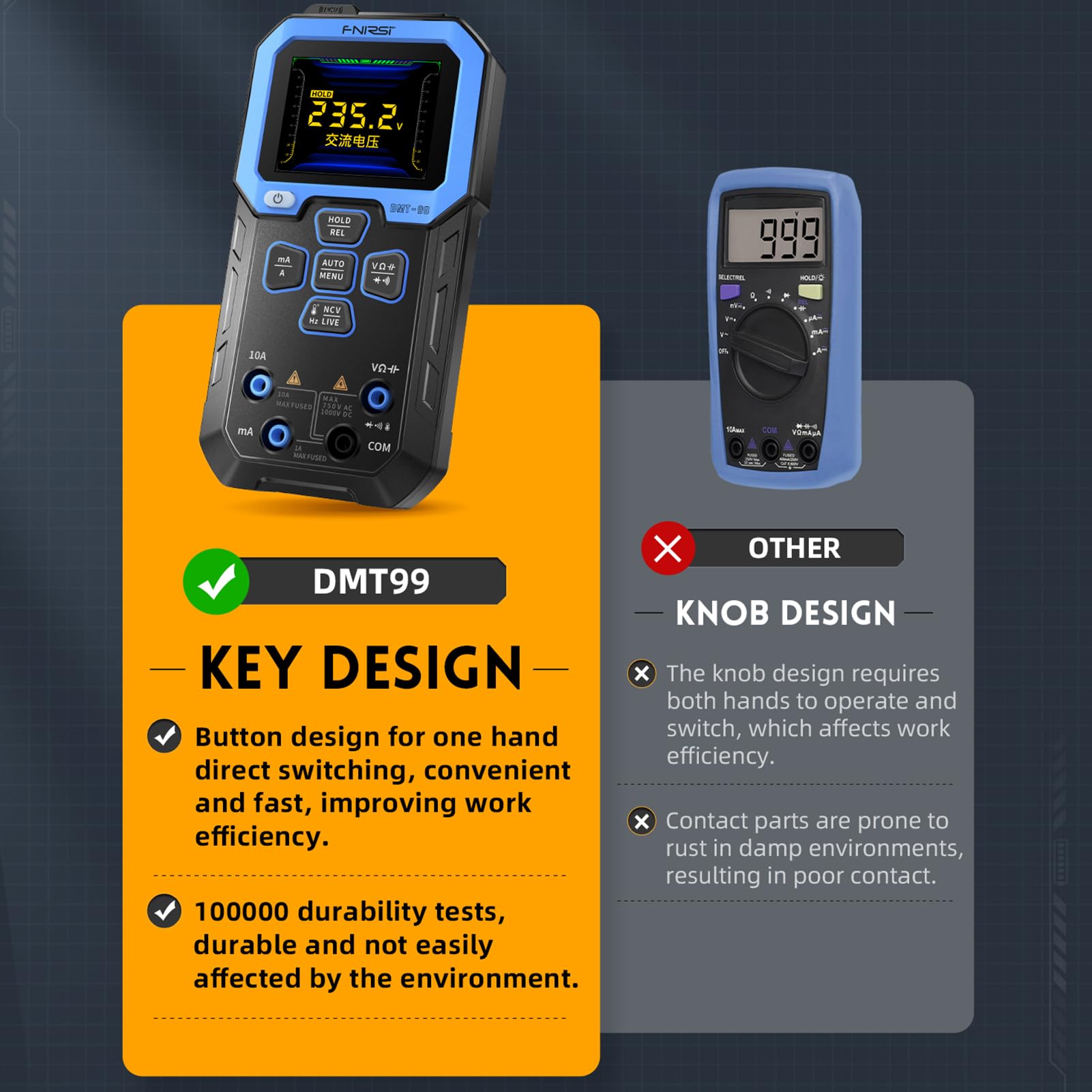 Multímetro DMT-99 comprobador de voltaje 2,4 pulgadas pantalla TFT HD detección automática 10000 recuentos