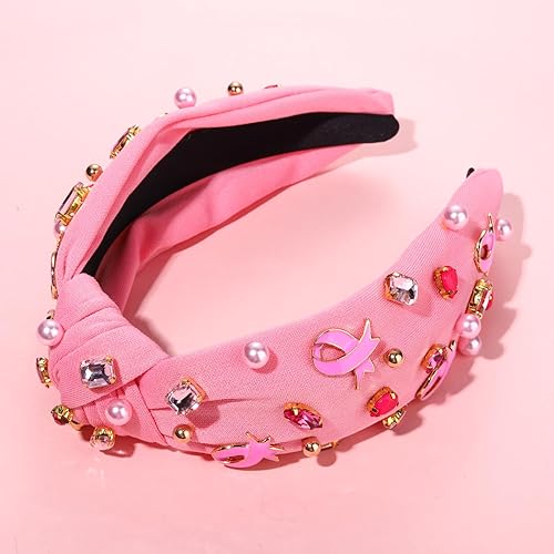 Miniatura 8 de Diadema anudada rosa brillante con diamantes de imitación para concientización sobre el cáncer de mama, diadema de nudo de conciencia sobre el