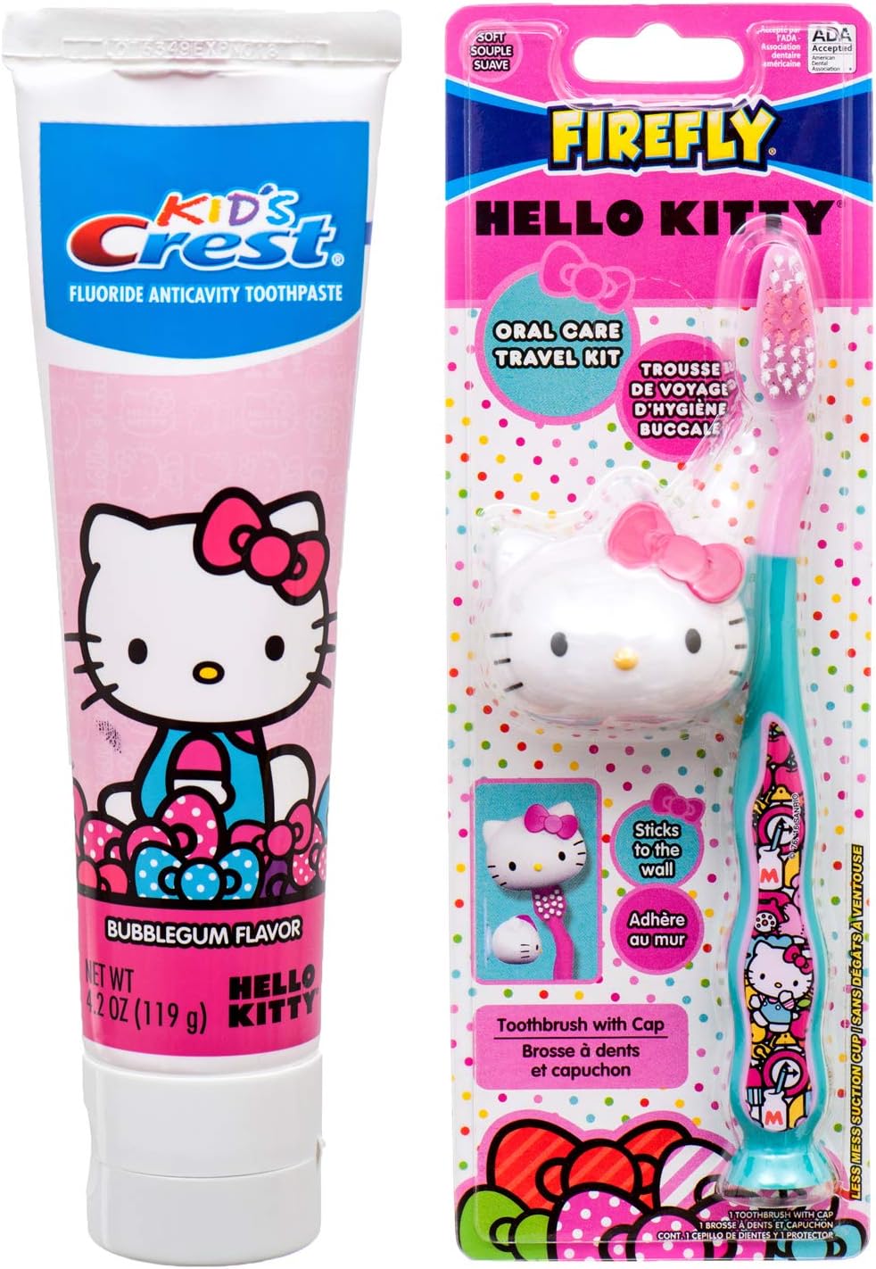 Hello Kitty Toothbrush with Suction Cap and Hello Kitty Crest Toothpaste 4.2 oz Kids Dental Set Travel Kit